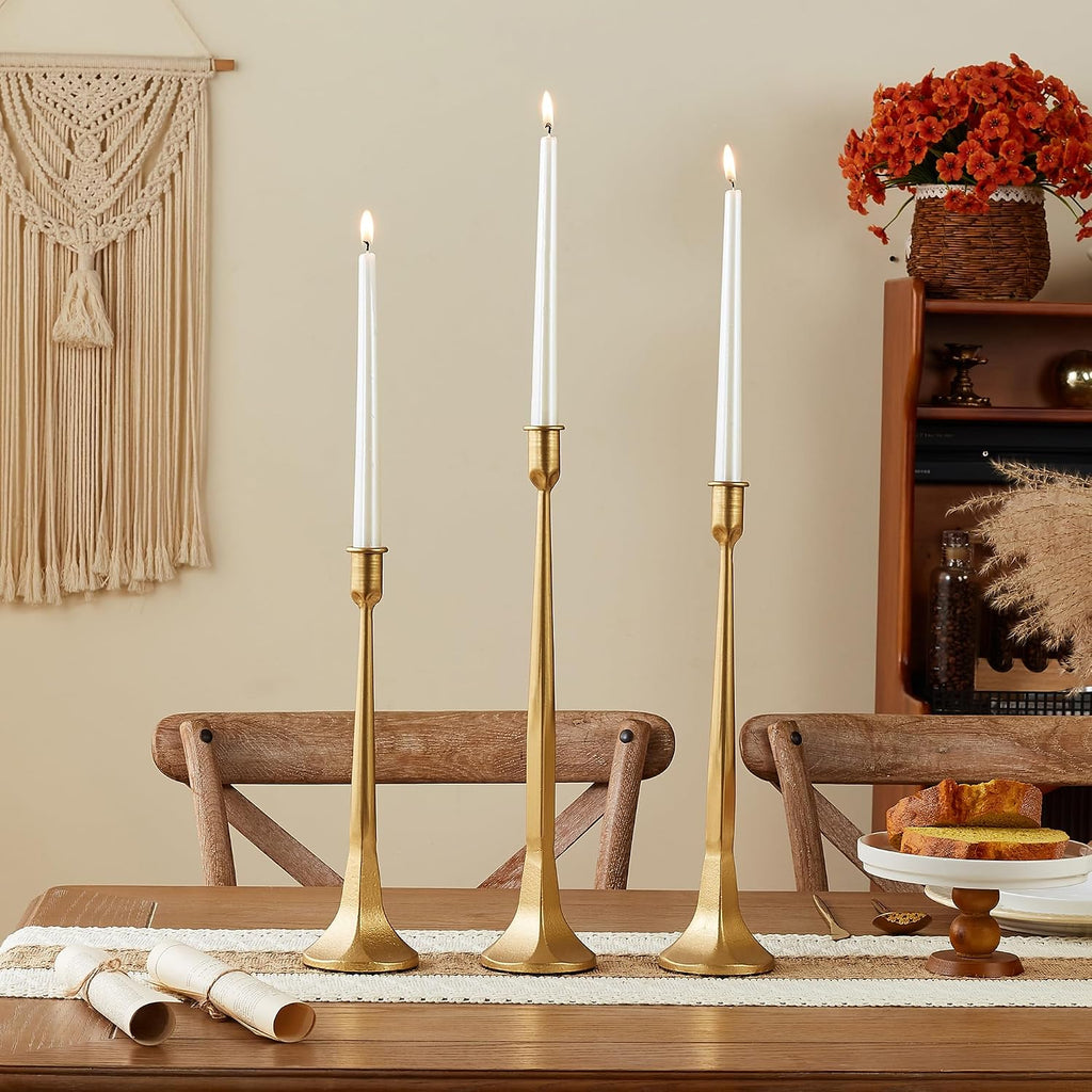 Iron Taper Candle Holder Set of 3 15.5" 14" 12" Decorative Modern Vintage Metal Tall Candlestick Holders for Wedding, Dinning Table,Mantle, Party Decoration（3, Antique Brass）