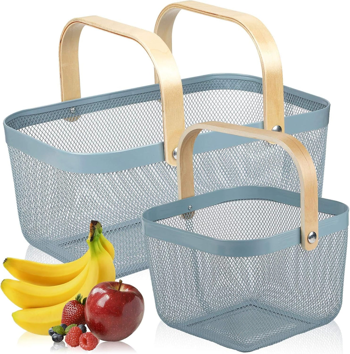Coloful Metal Mesh Wire Basket with Foldable Wooden Handle,Bin Garden Fruit Vegetable Storage Hanging Harvest Holder for Kitchen Bathroom Picnic (Bluegray, Cuboid & Cube)