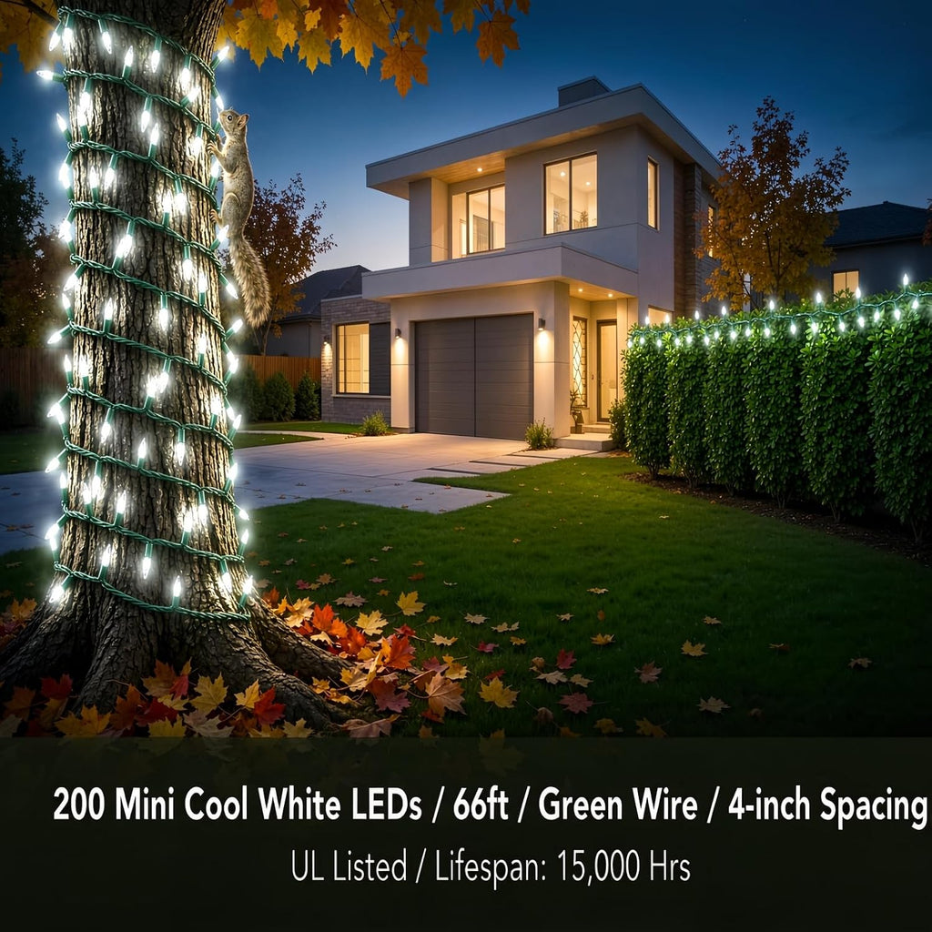 200 LED Cool White Christmas Lights, UL Certified and Commercial Green Wire String Lights 66ft, for Indoor and Outdoor Winter, Wedding, Garden, Patio.