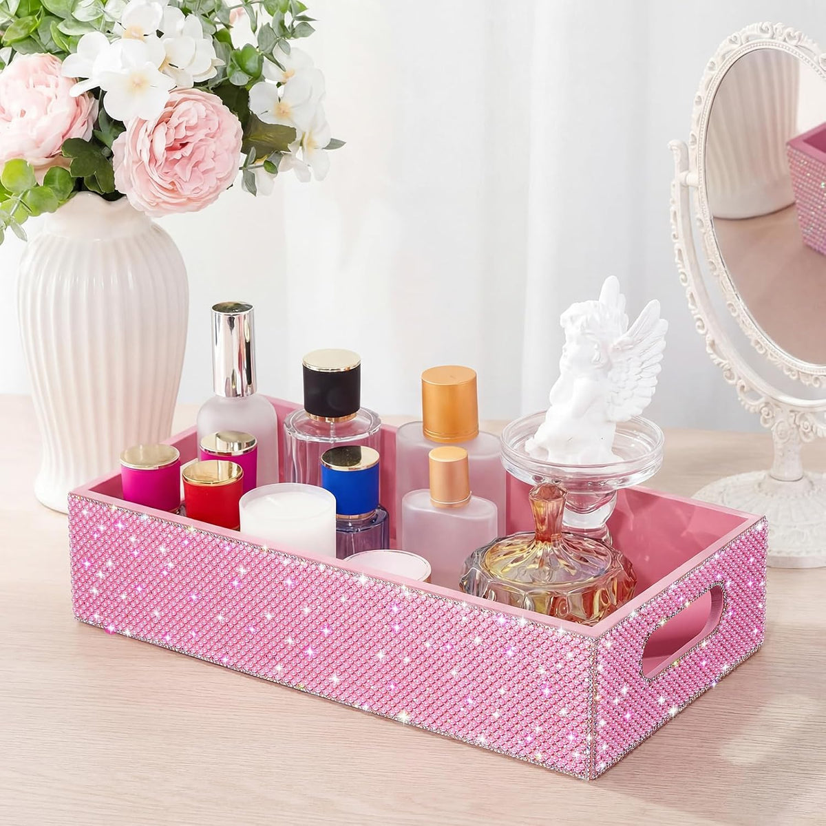 Honeydak Bathroom Basket, Pearl Toilet Tank Tray Pink Pearl