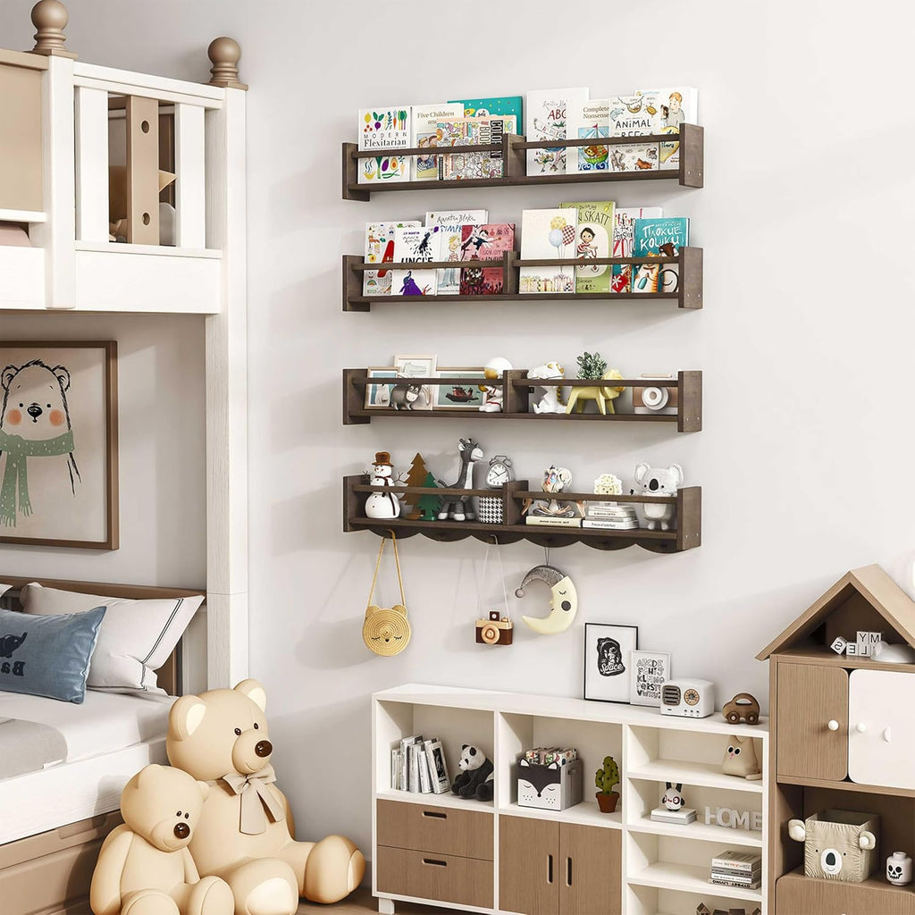 34Inch Nursery Bookshelves,Set of 4,Wall Floating Shelf Kids Coat Rack with 6Hooks,Hanging Book Shelf for Baby Nursery Room Décor (Dark Brown, 34)