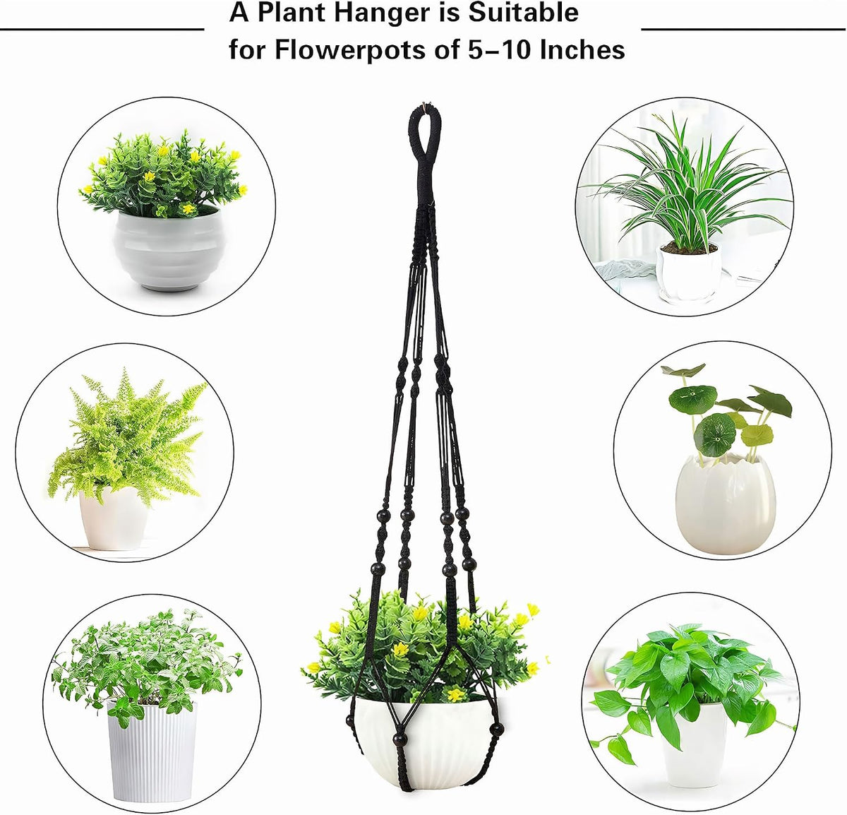 35 Inch Macrame Plant Hanger, Hanging Planter Basket with Wood Beads, Decorative Flower Pot Holder for Indoor Outdoor Boho Home Decor, Set of 2 (Black)