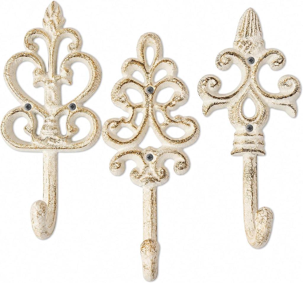 Comfify Rustic White Cast Iron Wall Hooks Set of 3 – Farmhouse Coat Hooks