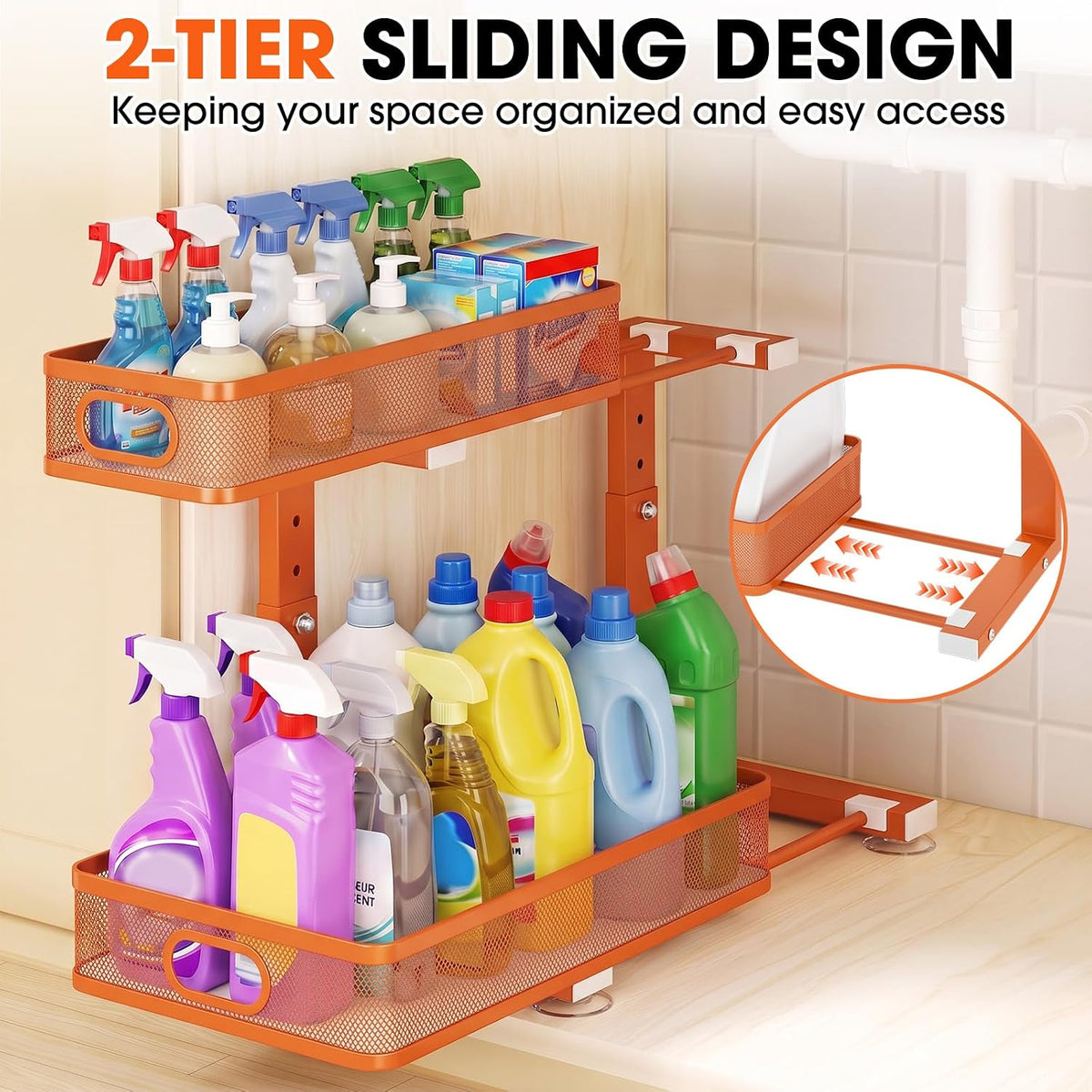 Under Sink Organizer 4-Pack, Metal 2-Tier Pull-Out Cabinet Shelf with Slide-Out Mesh Drawers, Height Adjustable, Space-Saving Under Sink Storage Racks for Kitchen, Bathroom, Laundry Room, Orange