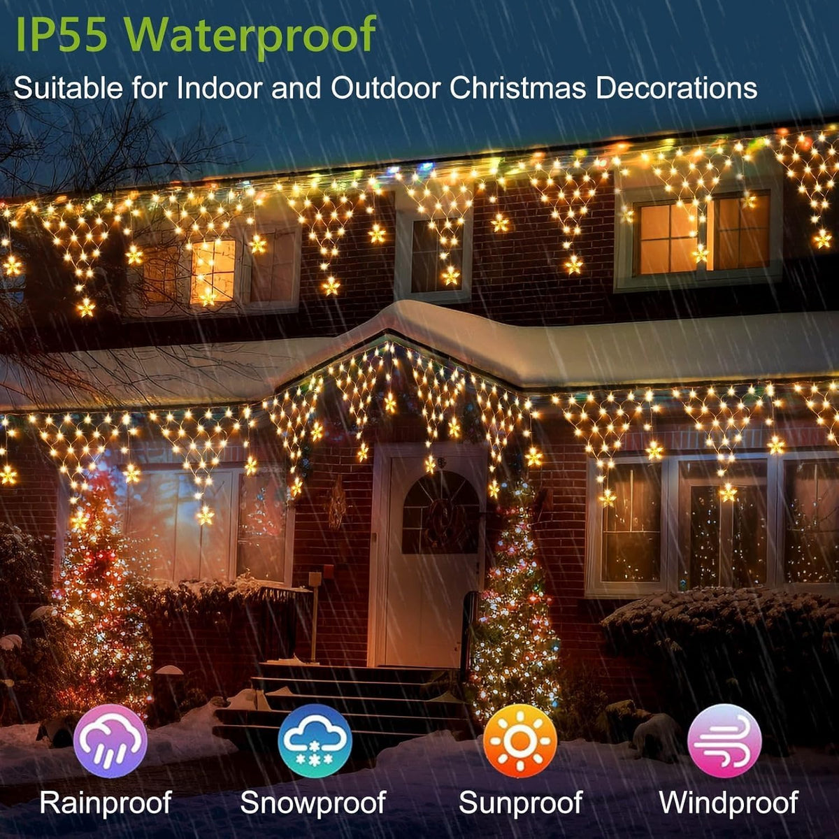 DANLI Christmas Lights Outdoor 13.8ft 218 LED Connectable String Lights with 11 Drops, Window Curtain Fairy Light with 8 Modes for Garden Eaves Wedding Party Holiday Christmas Decorations