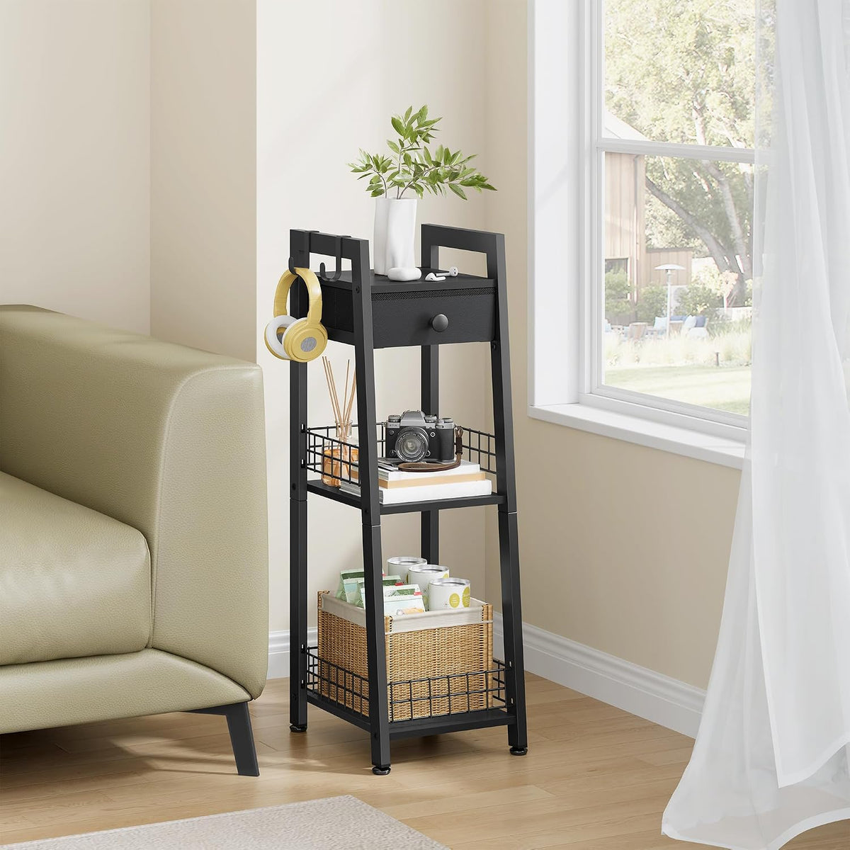 Gewudraw 3-Tier Narrow Bathroom Ladder Shelf with Storage Drawer, Black