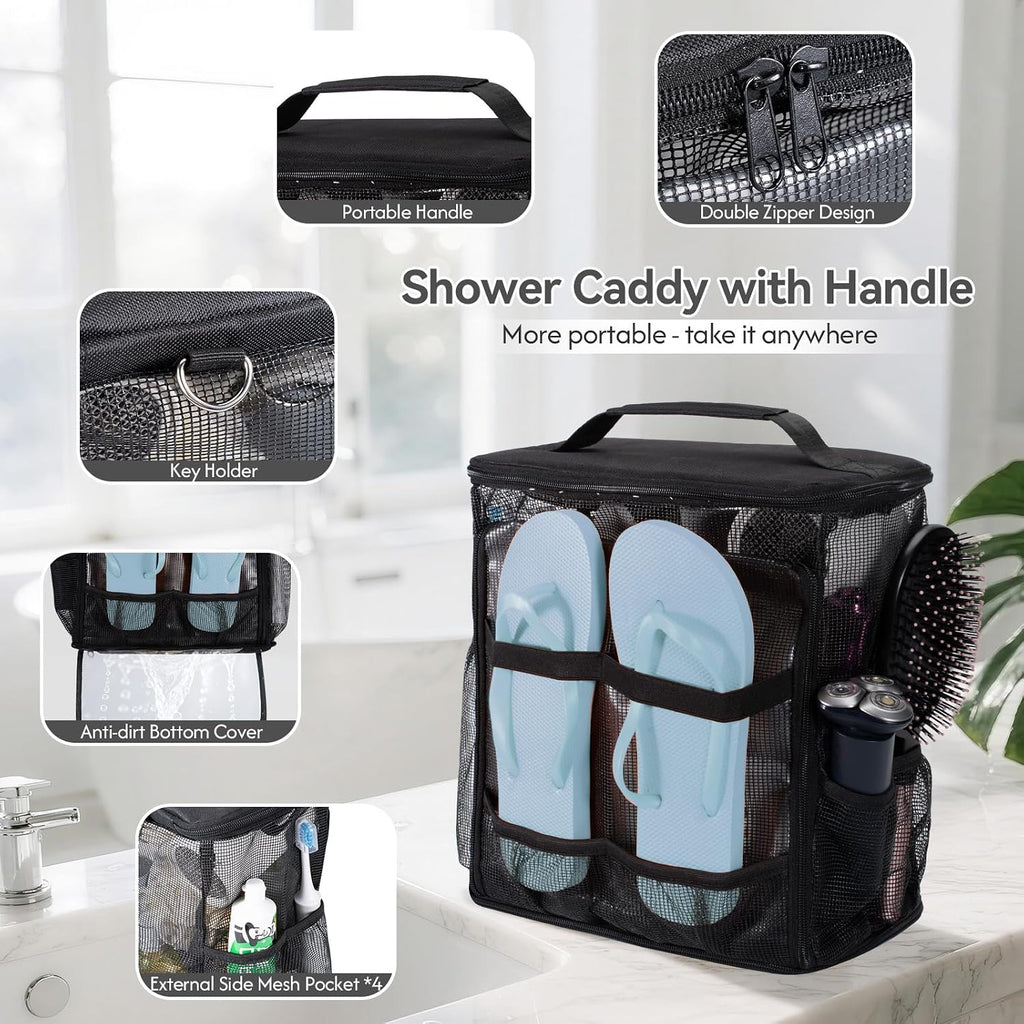 Portable Mesh Shower Caddy Bag for College Dorm Essentials Collapsible Shower Bag with Hanging Hook and Handle Quick Dry Large Capacity Shower Caddy Organizer Toiletry for Travel, Camping, Gym