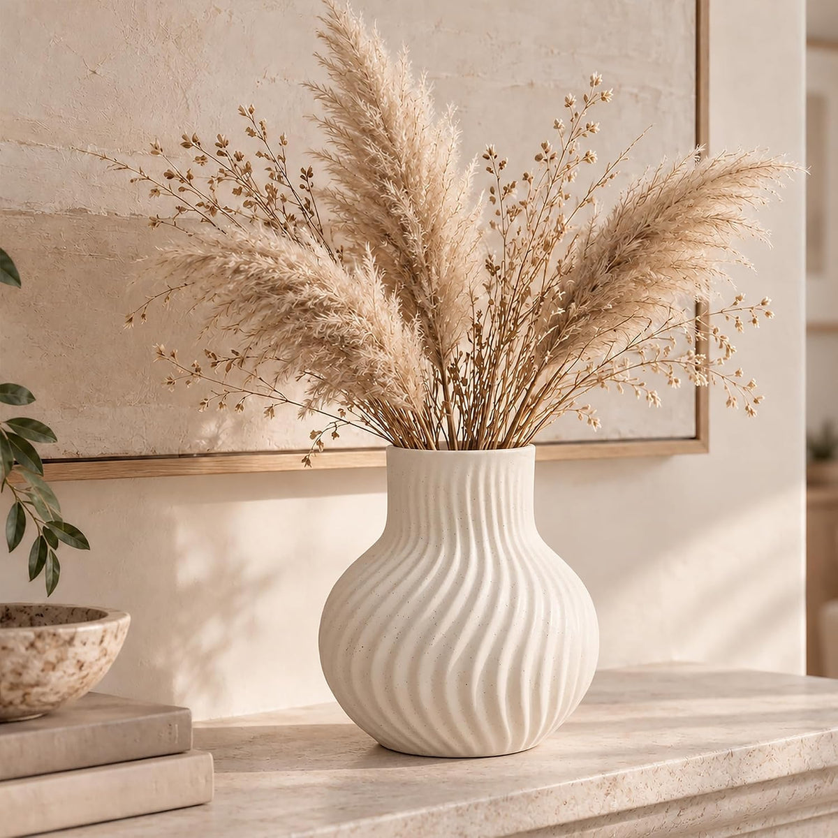 White Ceramic Flower Vase, Modern Ribbed Flower Vase for Pampas Grass