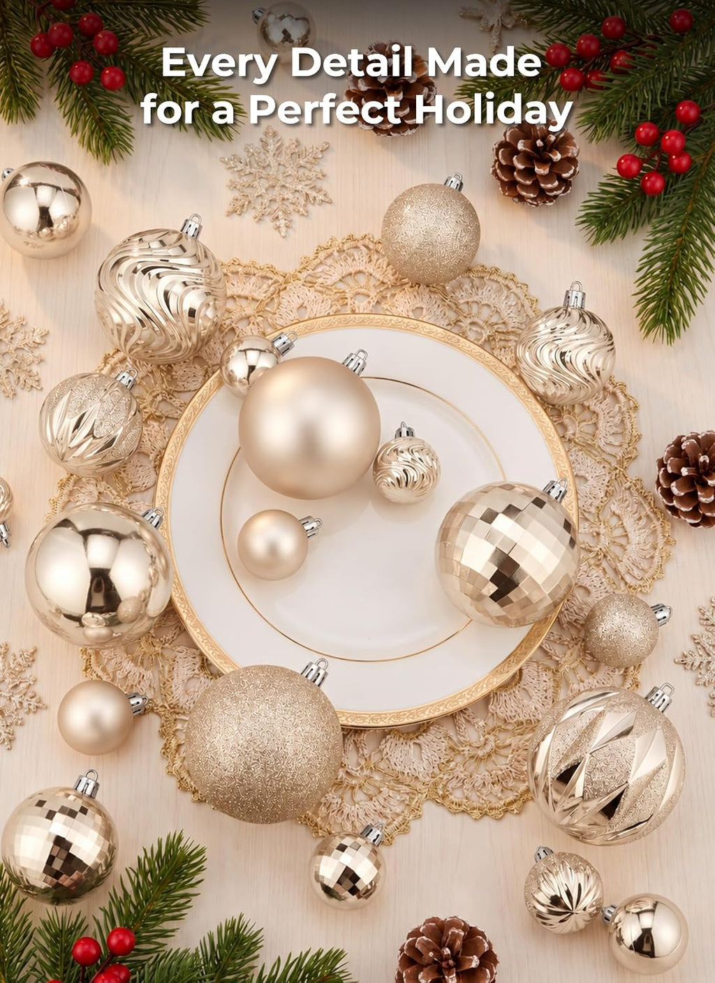 Brightown 36‑Pack Champagne Gold Shatterproof Christmas Ball Ornaments Set