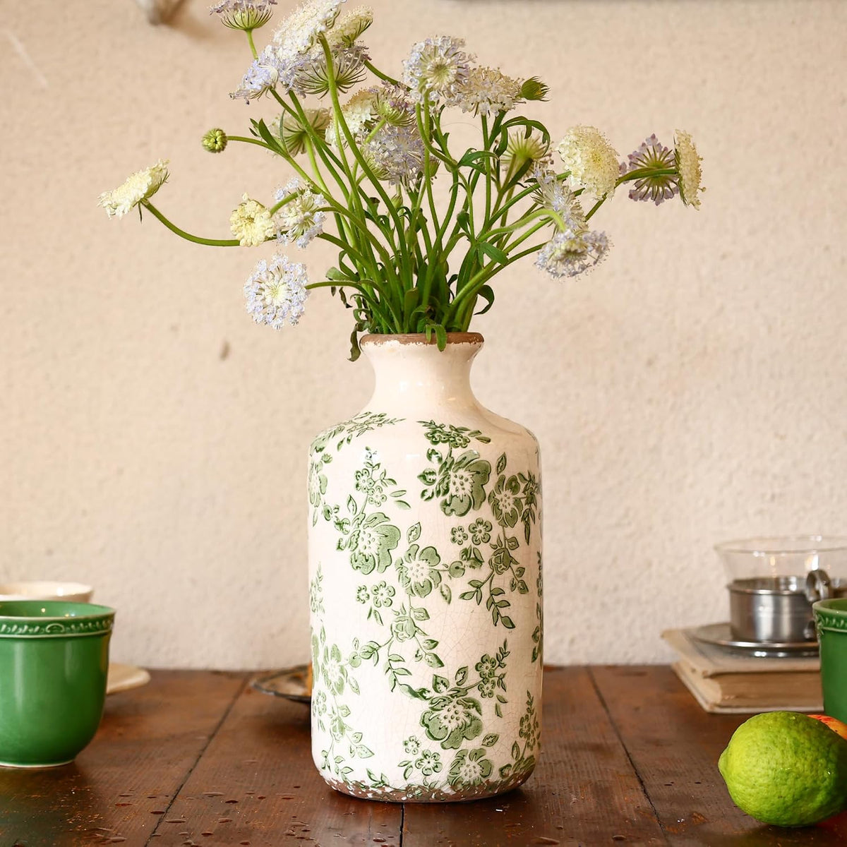 8" Retro Crackle Glaze Ceramic Vase Rustic Green Vases Decorative Vases Farmhouse Home Decor Vase Chinoiserie Vintage Flower Vases (Green, 8 Inches)