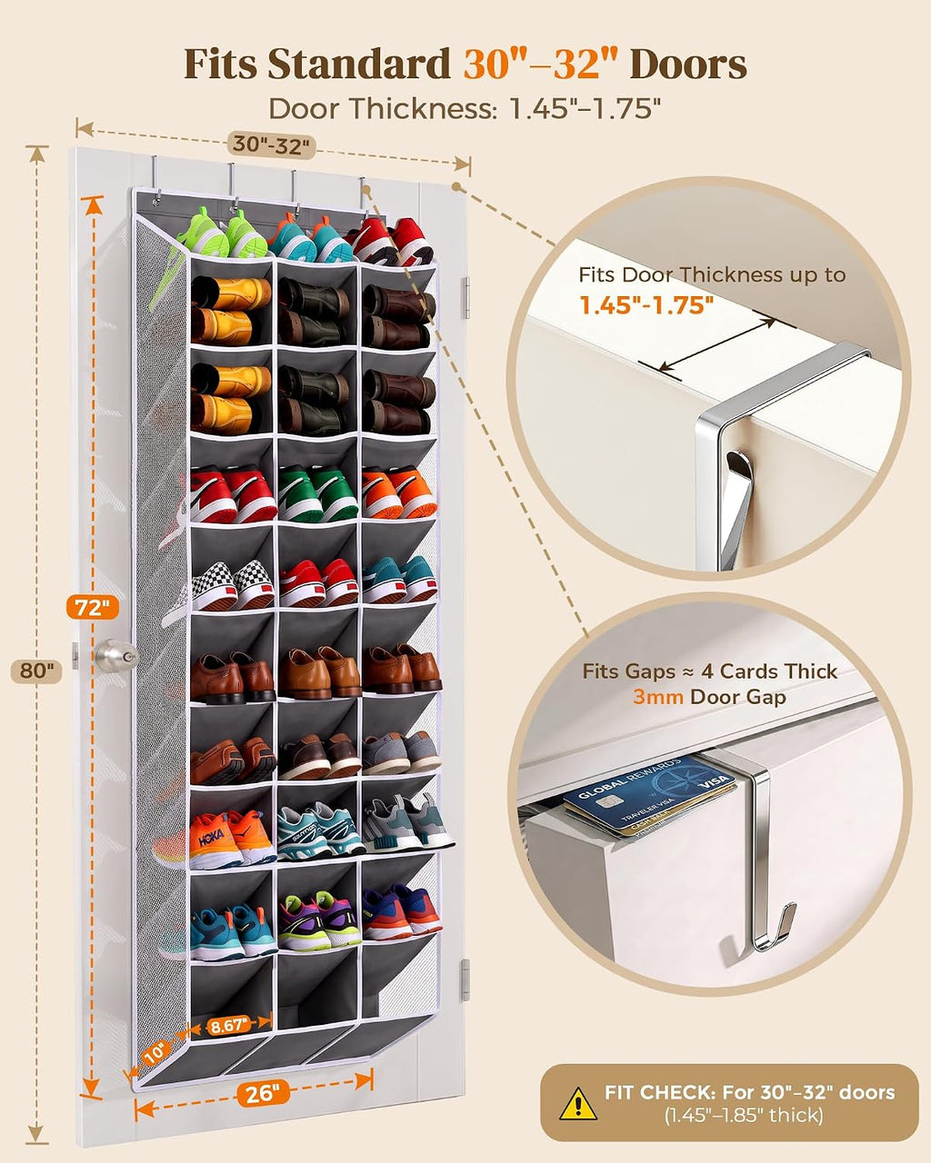 30-60 Pair Over Door Shoe Organizer, 26" Extra Wide Shoe Storage Rack(Grey)