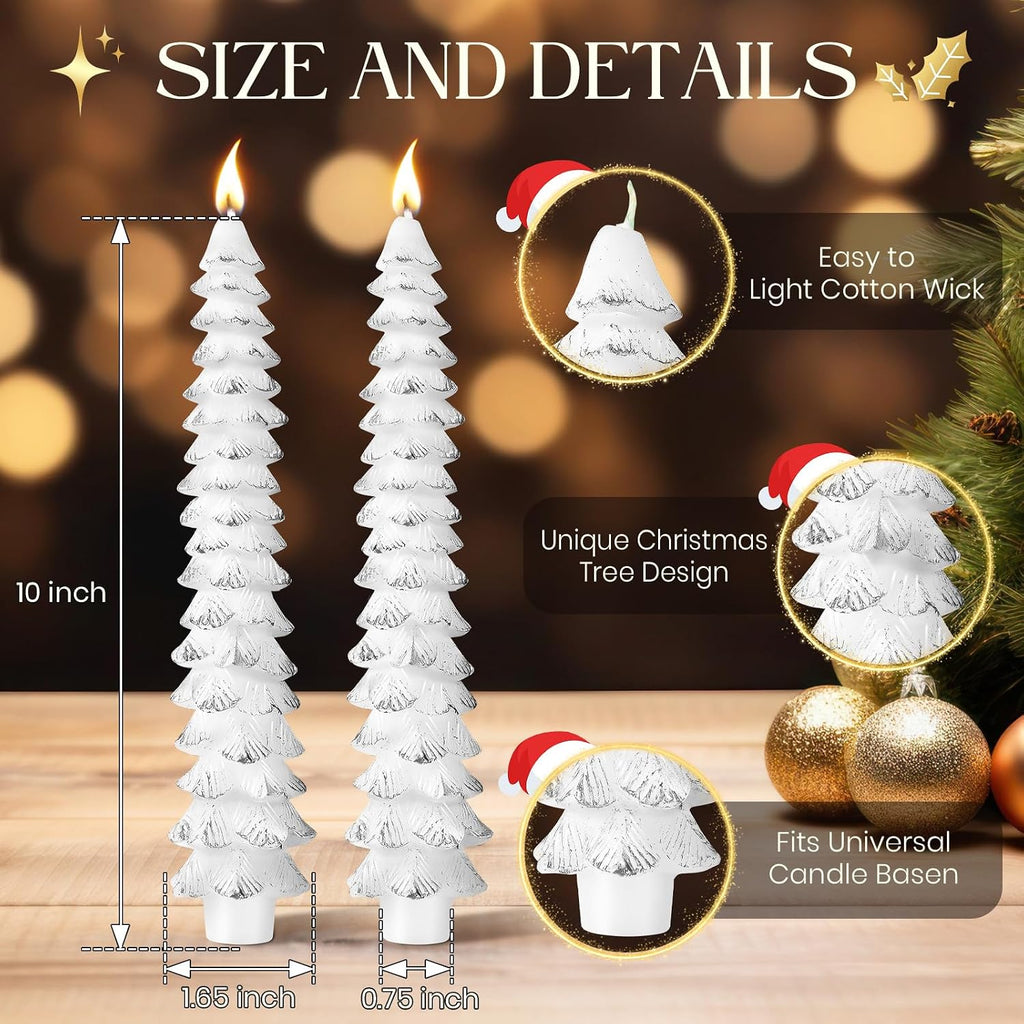 2 Pcs 10 Inch Christmas Tree Candles, Premium Natural Unscented Beeswax Christmas Tree Shaped Taper Candles with Cotton Wick, for Xmas Holiday Decor Party Banquet(White with Silver Trim)