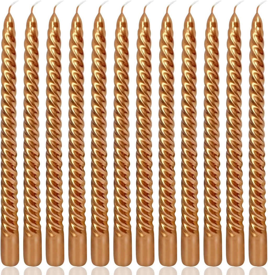 10 Inch Bronze Spiral Taper Candles Set for Holiday Decor, 12 Pack Unscented Twisted Candlesticks, Dripelss Thin Tapered Candles for Wedding Dinner Parties Galas Award Ceremonies Religious