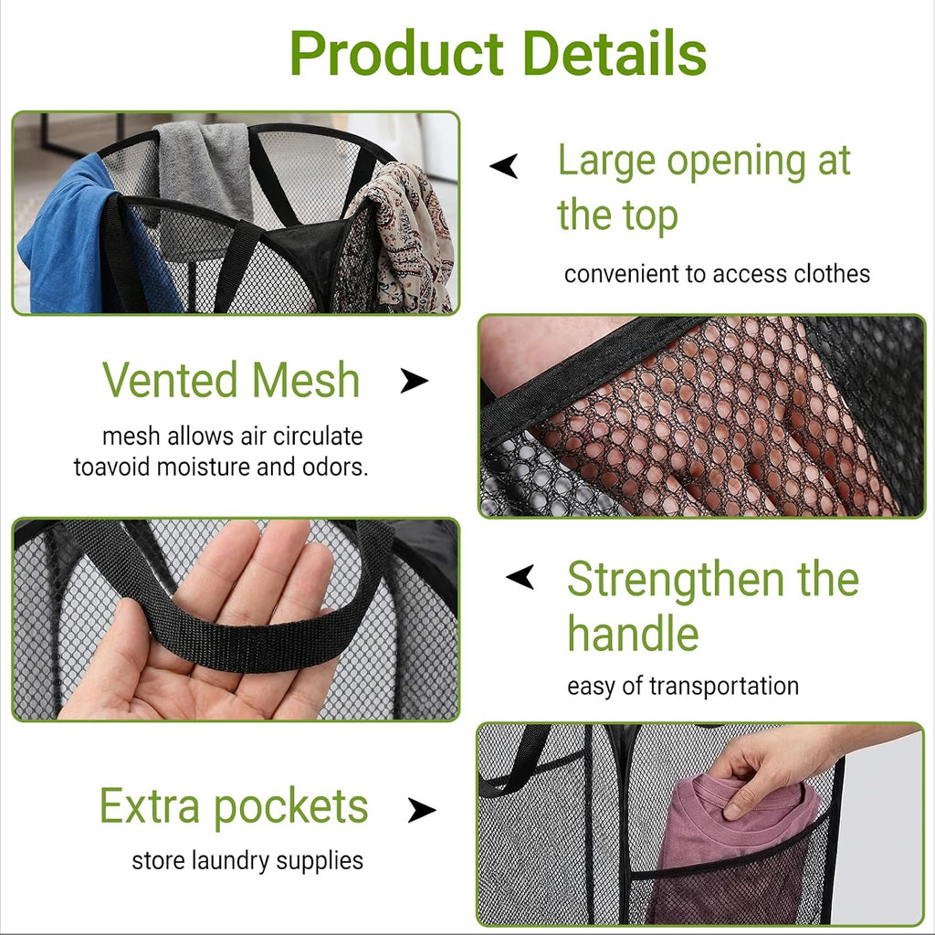 BATTOO Deluxe Strong Mesh Pop up Laundry Hamper Basket with Side Pocket for Laundry Room, Bathroom, Kids Room, College Dorm or Travel 2 Pack Black
