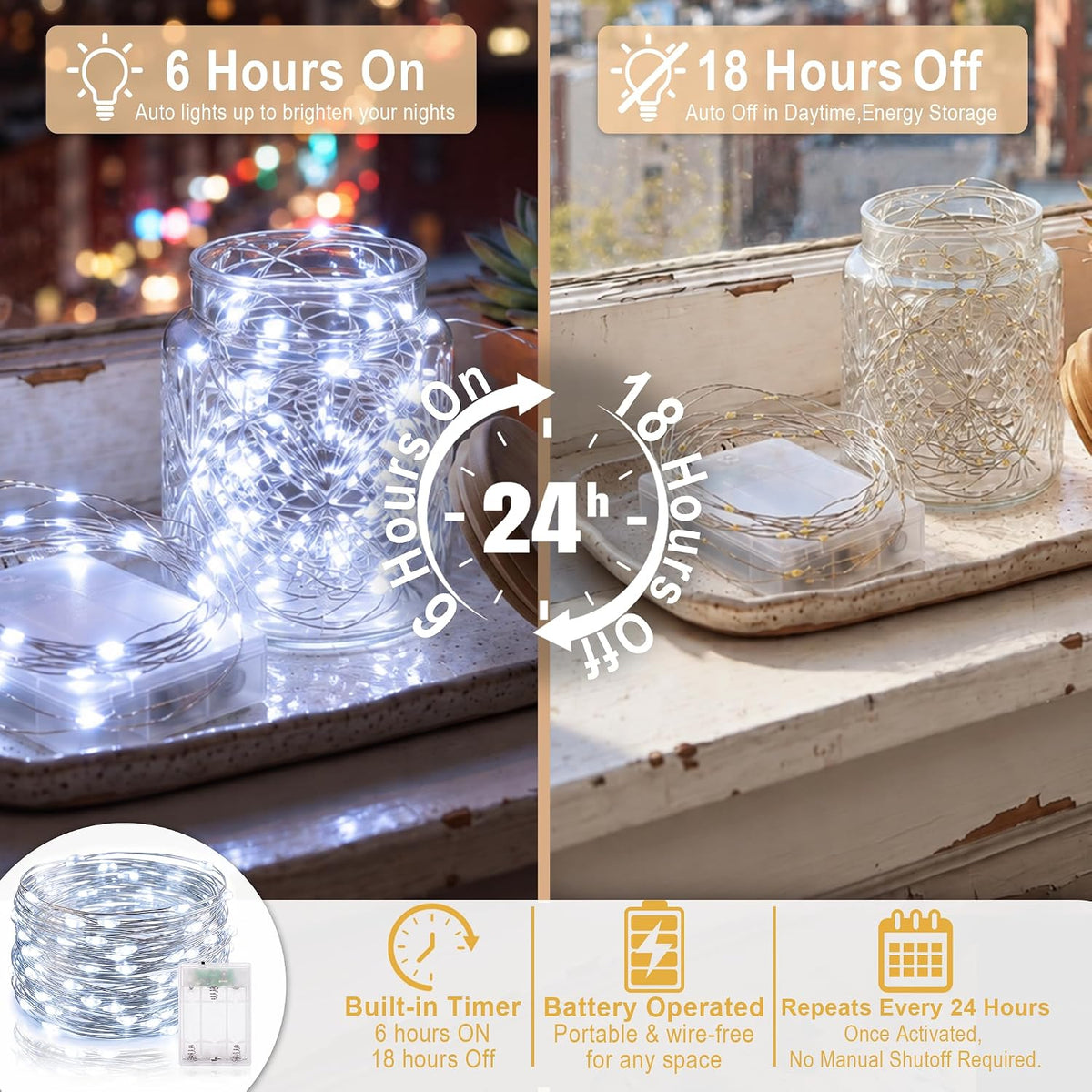 Adamonda 4 Pack Twinkle Fairy Lights Battery Operated,80FT Total (20FT per Strand), 240 Mini LEDs, IP65 Waterproof String Lights for Bedroom Christmas Party Indoor & Outdoor Decoration(Cool White)
