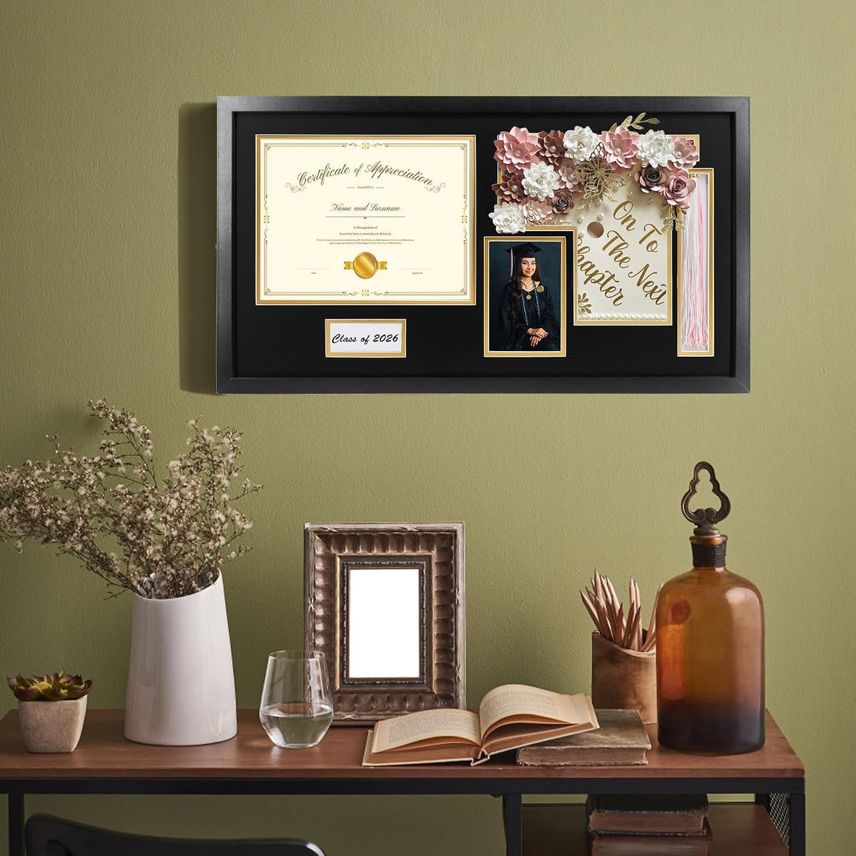 14x26 Black Shadow Box Diploma Frame with Graduation Cap & Tassel Holder for 8.5x11 Diploma and 4x6 Photo with MDF Wood and Plexiglass, Black Over Gold Mat for Wall, Graduation Keepsakes