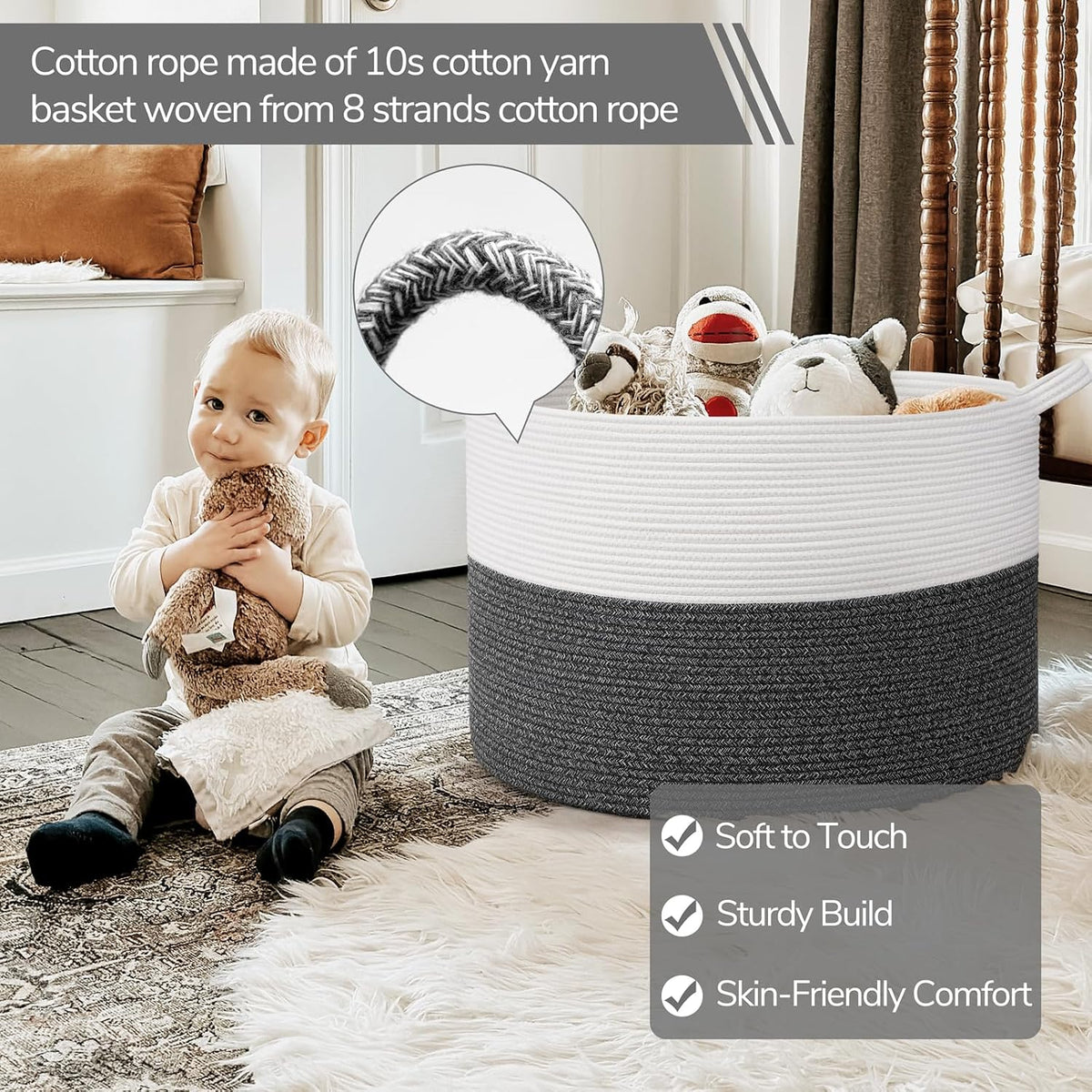 INDRESSME 115L Extra Large Woven Rope Blanket Basket Living Room