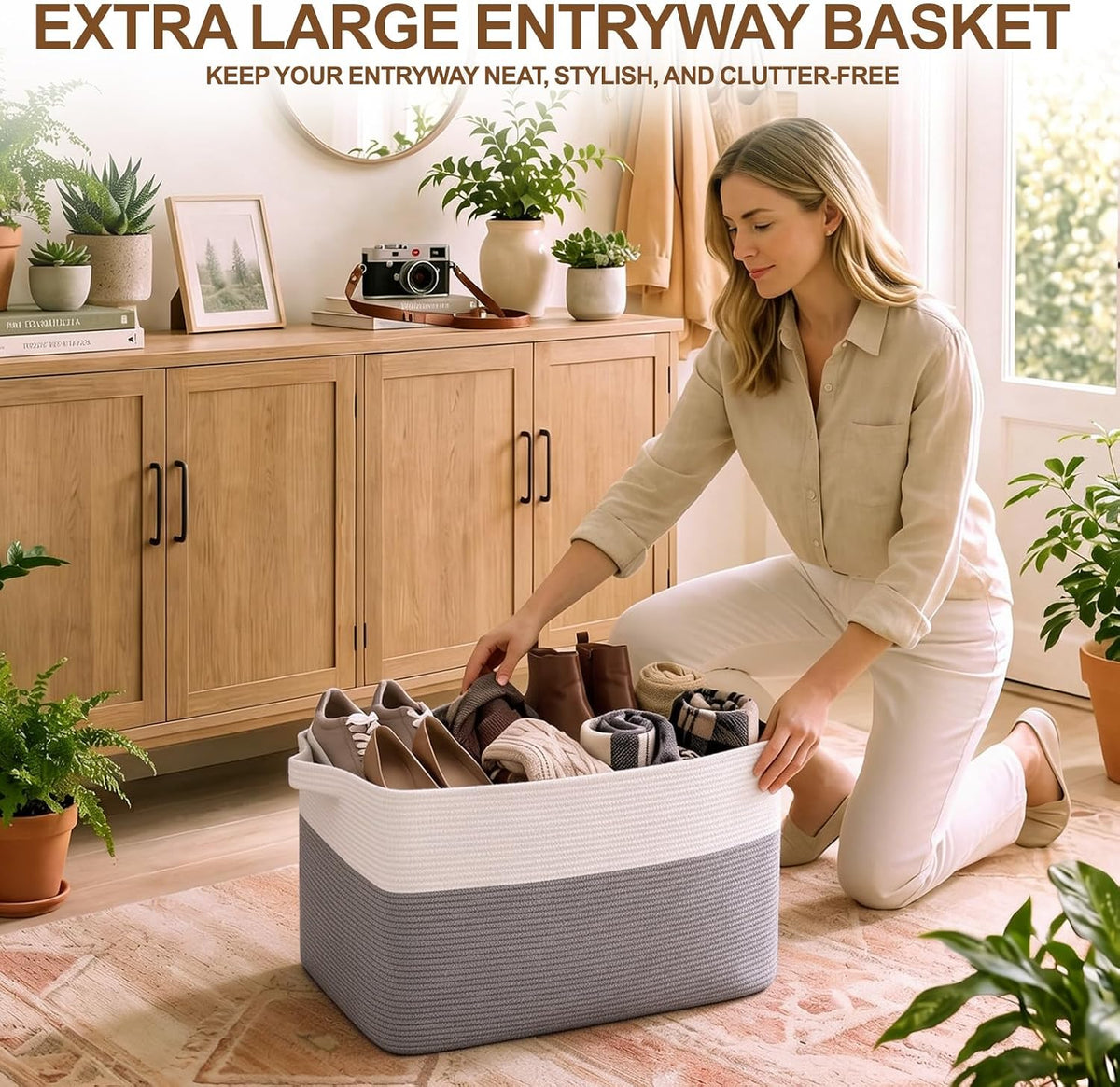 OIASKET Blanket Basket for Living Room, Cotton Rope Basket for Storage, Toy Baskets Bin for kids, Woven Baskets with Handles for Clothes, Towels, Pillows, 20" x 16" x 12", Grey and White