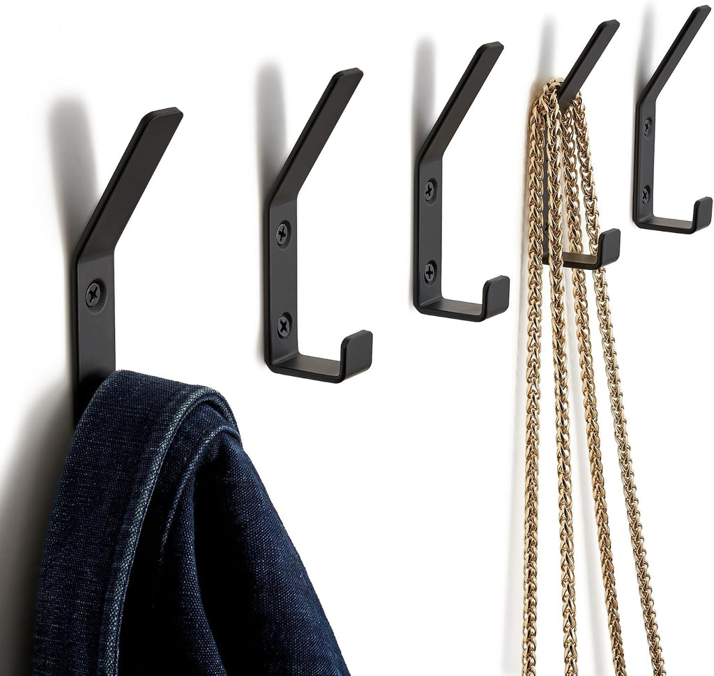 Decorative Coat Hooks Set of 5 for Wall Mount - Sturdy Black Metal Double