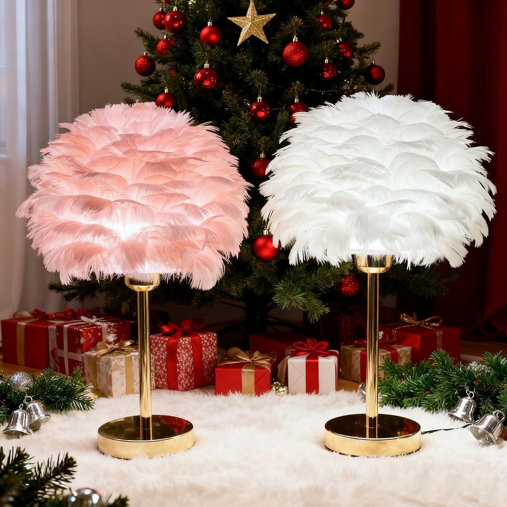 Pink Feather Table Lamp with Gold Finish - 3 Color Changing LED Bedside Desk Lamp, Modern Romantic Night Light for Bedroom Living Room Wedding Decor, Ideal Gift for Her