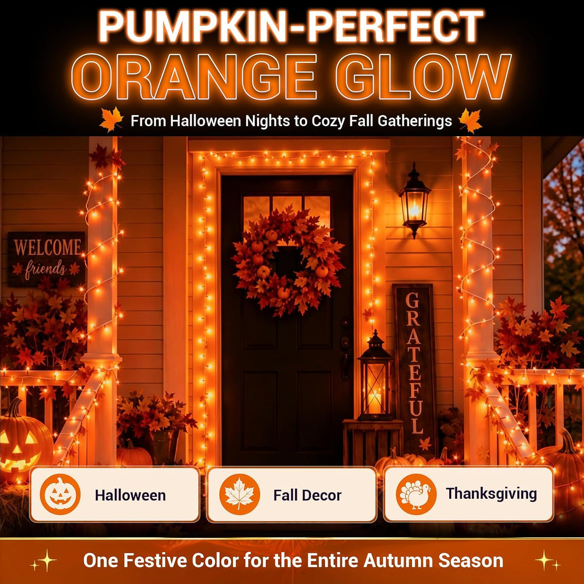 Orange String Lights, 32FT 100 LED Plug in Halloween Lights Outdoor Indoor,