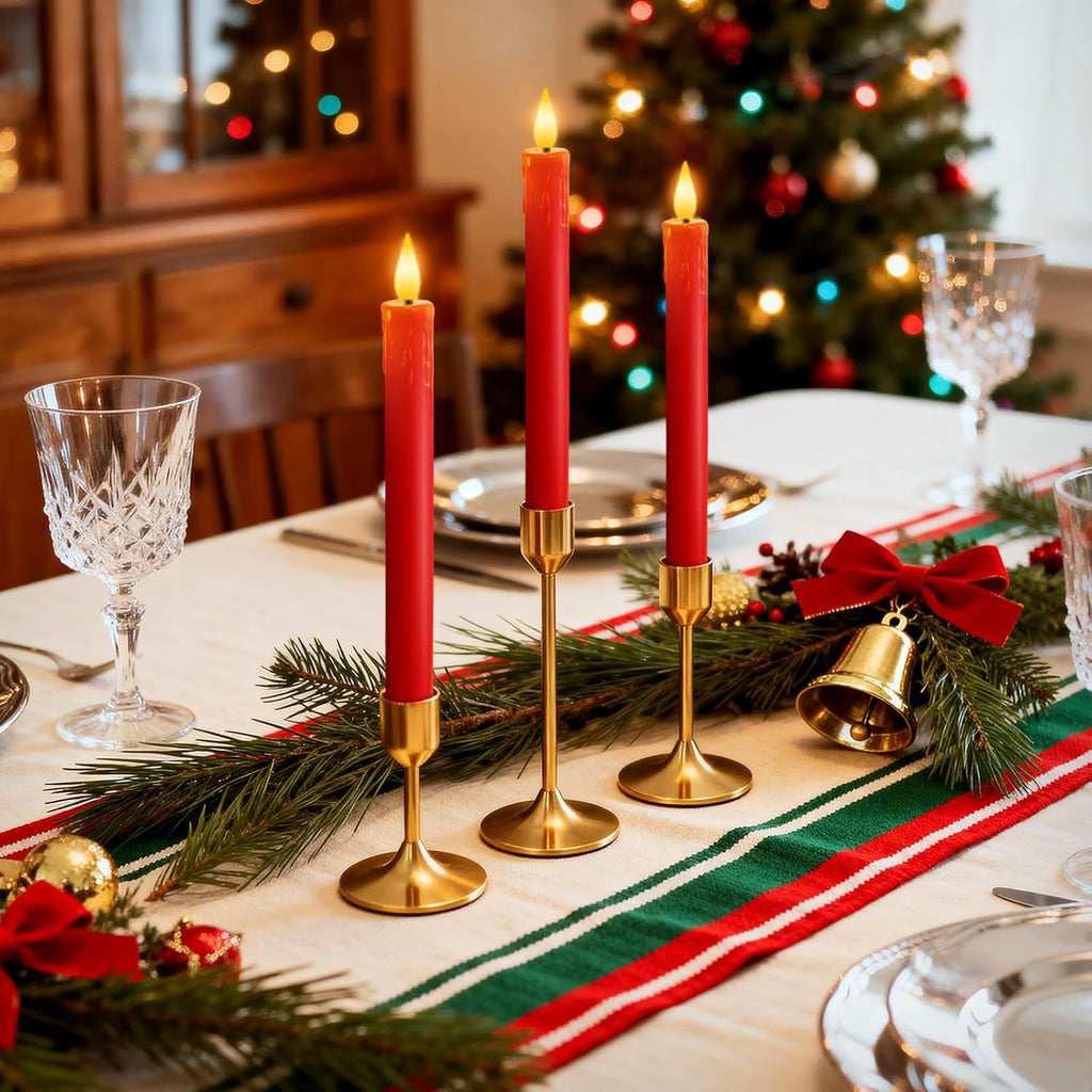 Homemory 6 Pcs Real Wax Made Flameless Taper Candles with Remote and Timer, Red Battery Operated Candlesticks Flickering, 9.6" Led Taper Candles with Lifelike Flame for Xmas Home Date Decor