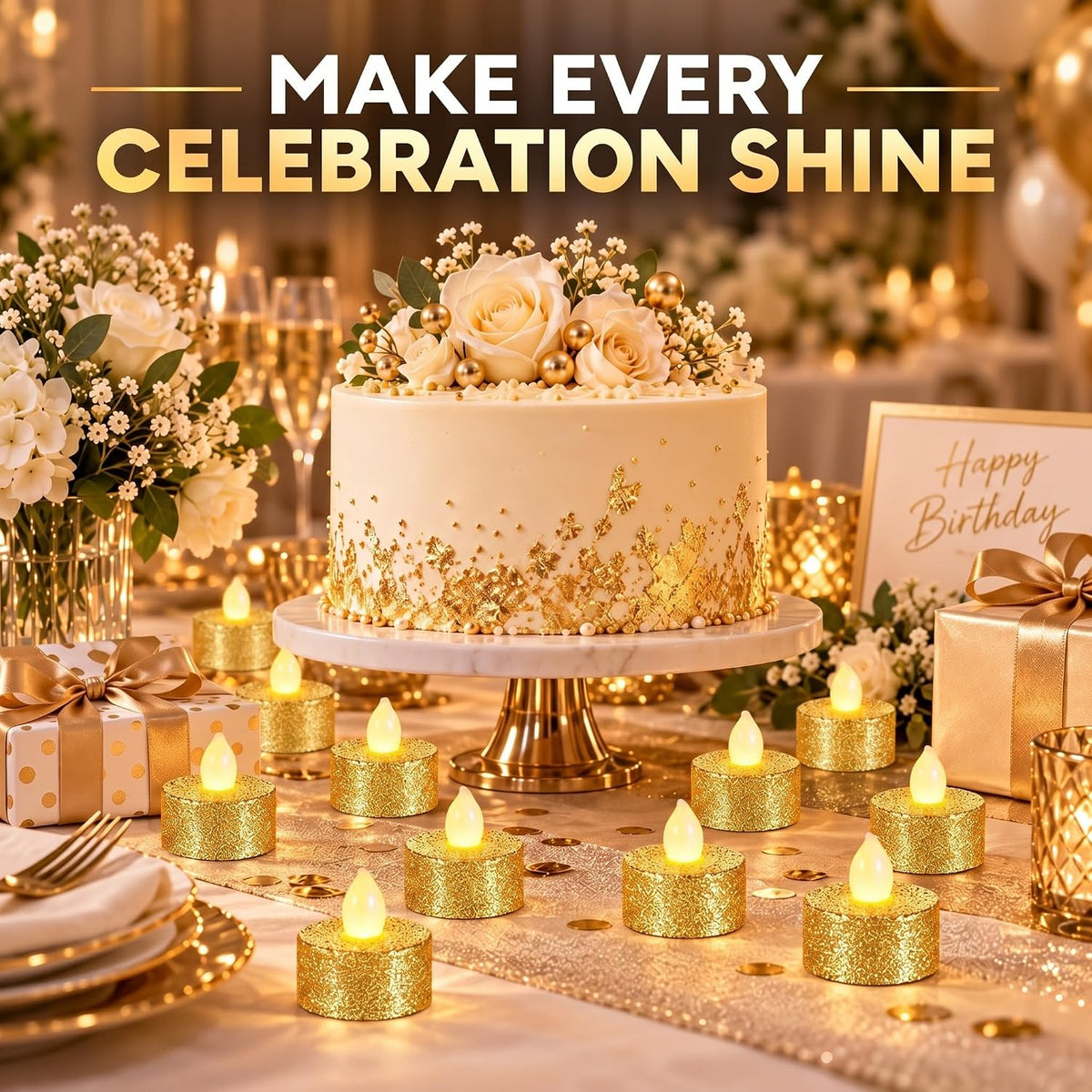 Mudder 48 Pieces Gold Tea Lights LED Candles Tealights Battery Flameless