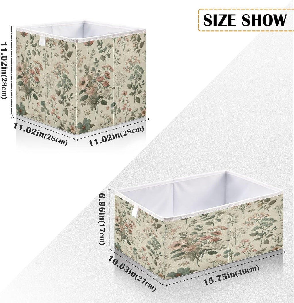 Vintage Small Floral Storage Cubes 11x11 Inch Foldable Fabric Bins with Handle for Storage and Organization, Ideal Storage Bins for Closet Shelves