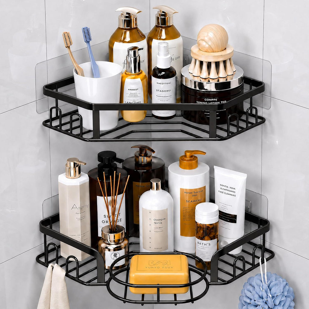 Corner Shower Caddy, Rustproof Shower Organizer with Soap Holder and 8 Hooks, No Drilling Adhesive Shower Shelves for Inside Shower, Large Capacity Shower Rack for Bathroom Shower Storage, X-Large