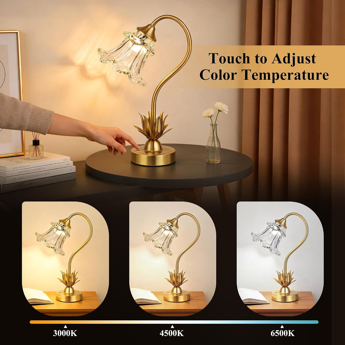 Cordless Flower Table Lamp with Glass Lampshade, 5200mAh Rechargeable Battery, 3-Color Dimmable Touch Control, Portable Desk Lamp for Nightstand, Patio, Camping, Restaurant & Home, Transparent