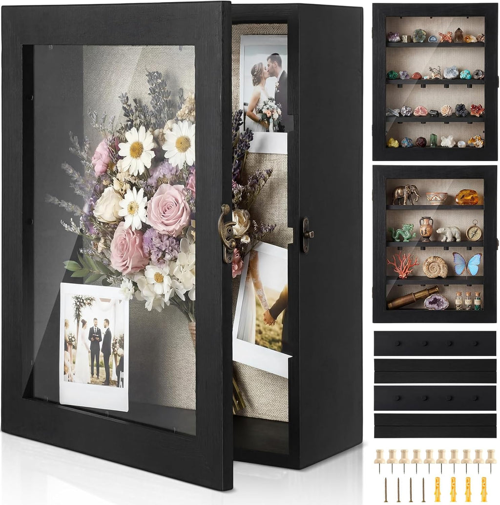 Gerrii Shadow Box Display Case 11 x 13 - Deep 5 Inch Wooden Picture Frame with Linen Back, Removable Shelves, Wooden Memory Case for Wedding Bouquets, Photos, Medals & Keepsakes, Black