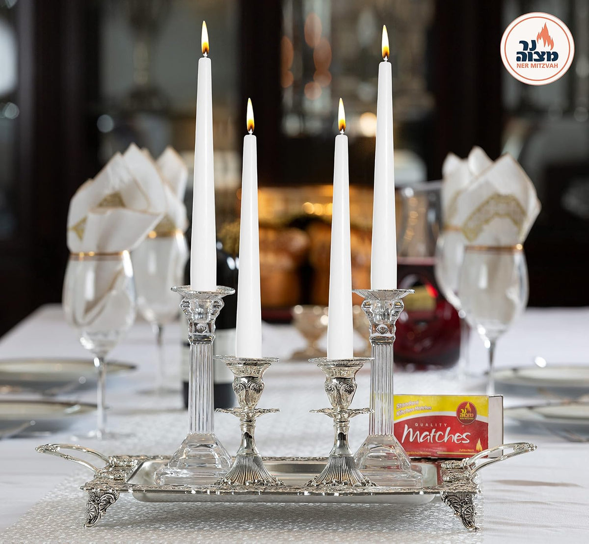 Ner Mitzvah Classic 8 Inch Taper Candles for Shabbat, Dinner Tables, Restaurants, Ceremonies and Emergency, 7 Hour Burn Time - White (Pack of 30)