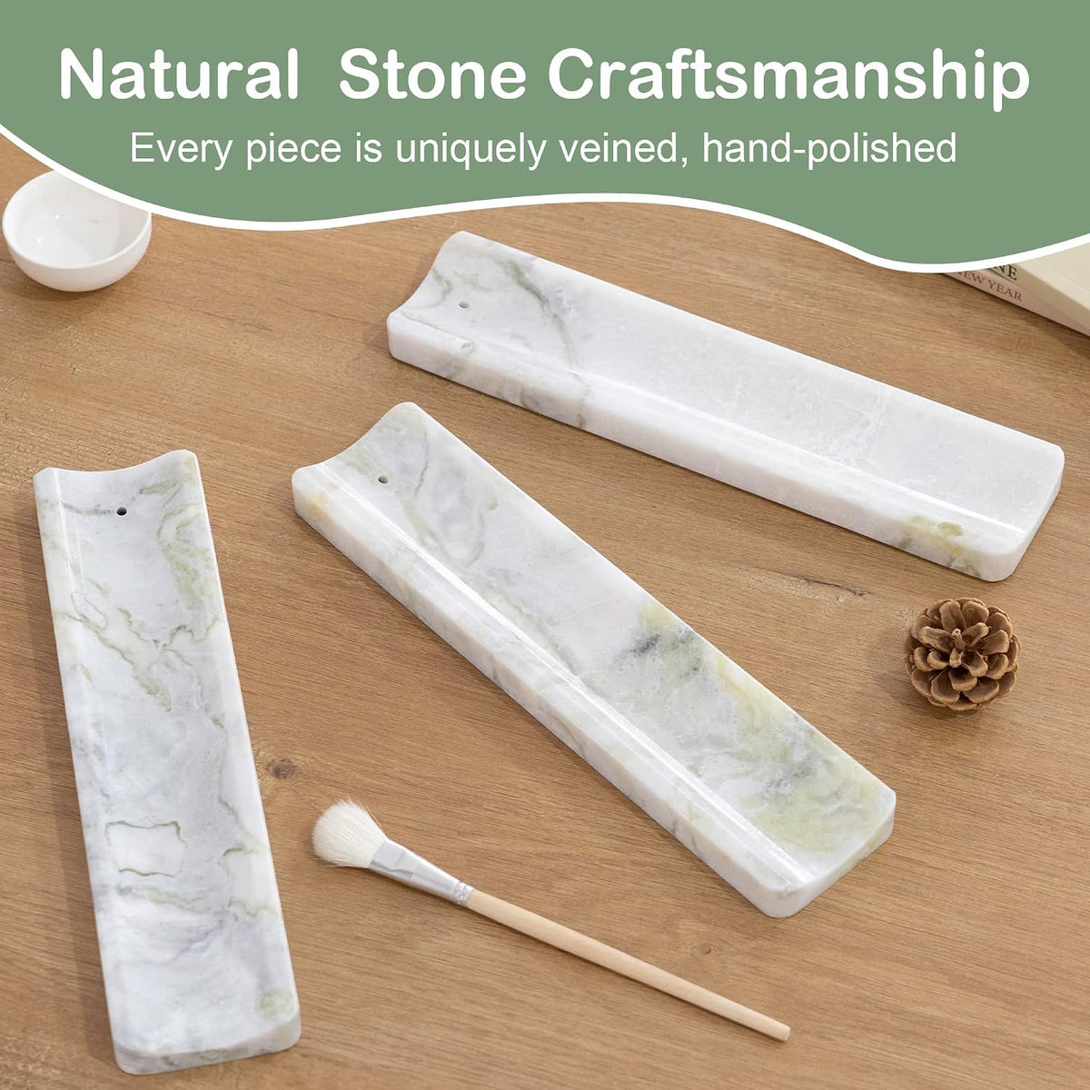 Marble Incense Holder Burner-Natural Stone Stick Incense Tray with Ash Catcher，20 Sticks & Brush - Elegant Decor for Meditation, Yoga, Home,Gift(White Green)