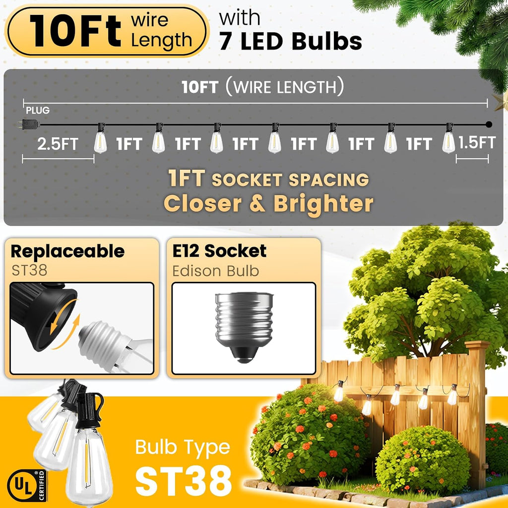10FT Outdoor String Lights Waterproof LED Patio Lights