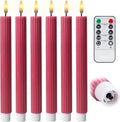 10" Fluted Ribbed LED Pink Grooved Real Wax Taper Candles, Remote & 24h Timer Memory, On/Off Switch - Flameless Dimmable Battery Operated w/Flicker Mode, Home Wedding Decor (6 Pack)