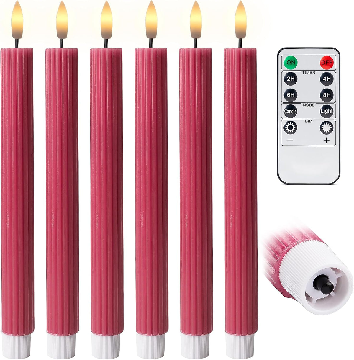 10" Fluted Ribbed LED Pink Grooved Real Wax Taper Candles, Remote & 24h Timer Memory, On/Off Switch - Flameless Dimmable Battery Operated w/Flicker Mode, Home Wedding Decor (6 Pack)