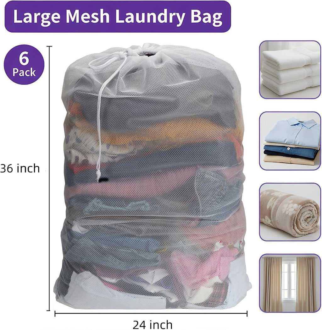 Nicunom 6 Pack Mesh Laundry Bag with Drawstring Closure, 24" x 36" Heavy Duty Extra Large Laundry Bags for Travel, Storage, College, Dorm and Apartment Dwellers, Machine Washable