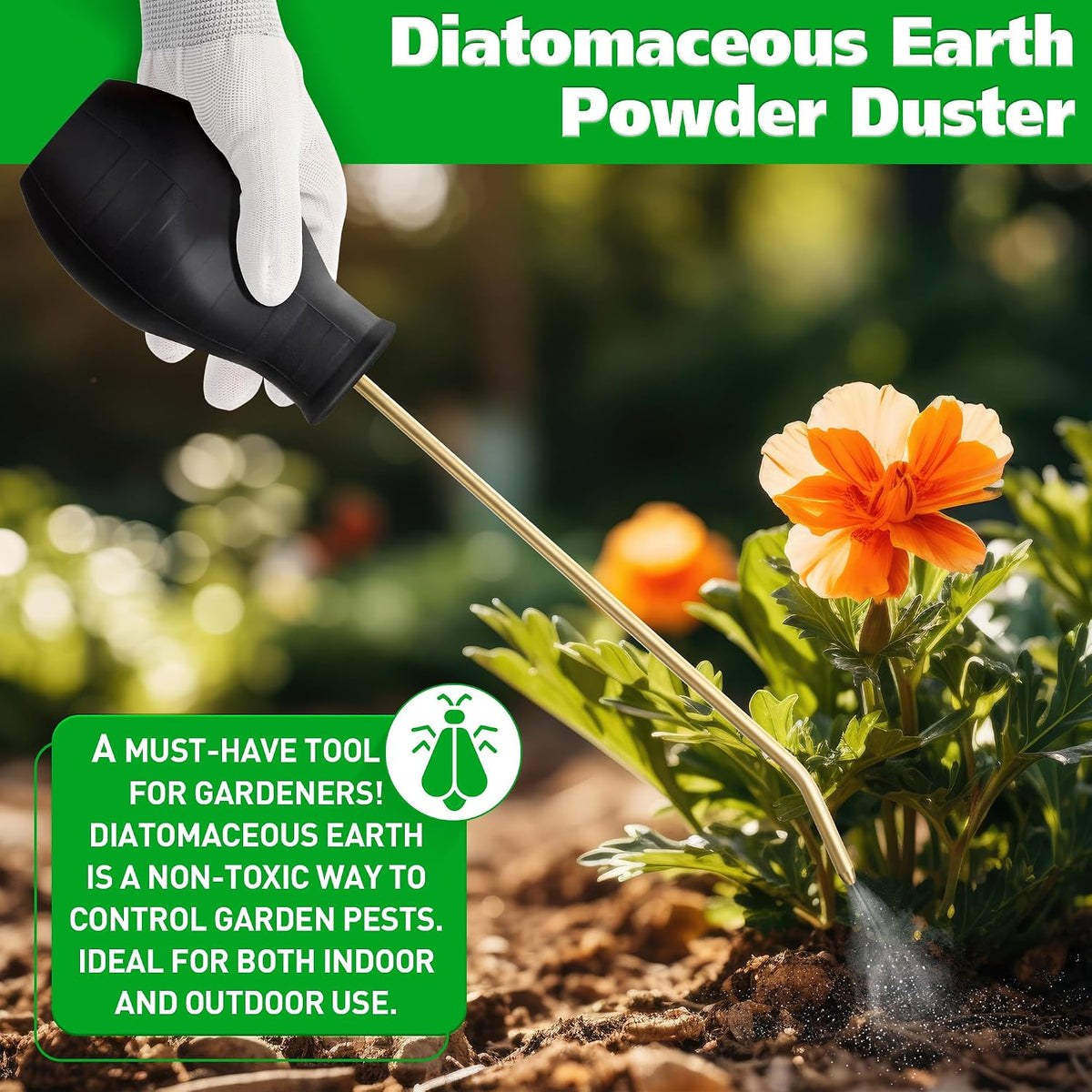 2 Pack Diatomaceous Earth Powder Duster, 8OZ Garden Powder Applicator Dispenser with Long Metal Tube, Bulb Duster Sprayer for Home Organic Gardening Agricultural Supply(Black)