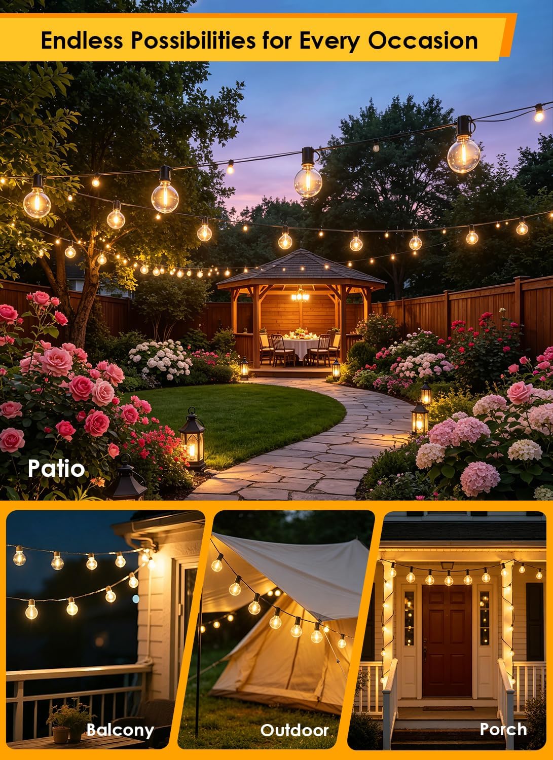 Formosa 26ft Indoor/Outdoor Clear LED Christmas String, Patio Light with 25 Retro Round Waterproof Edison Bulbs,G40 Shatterproof Globe Bulbs, Outside Hanging Lights for Gazebo Garden Backyard Decor