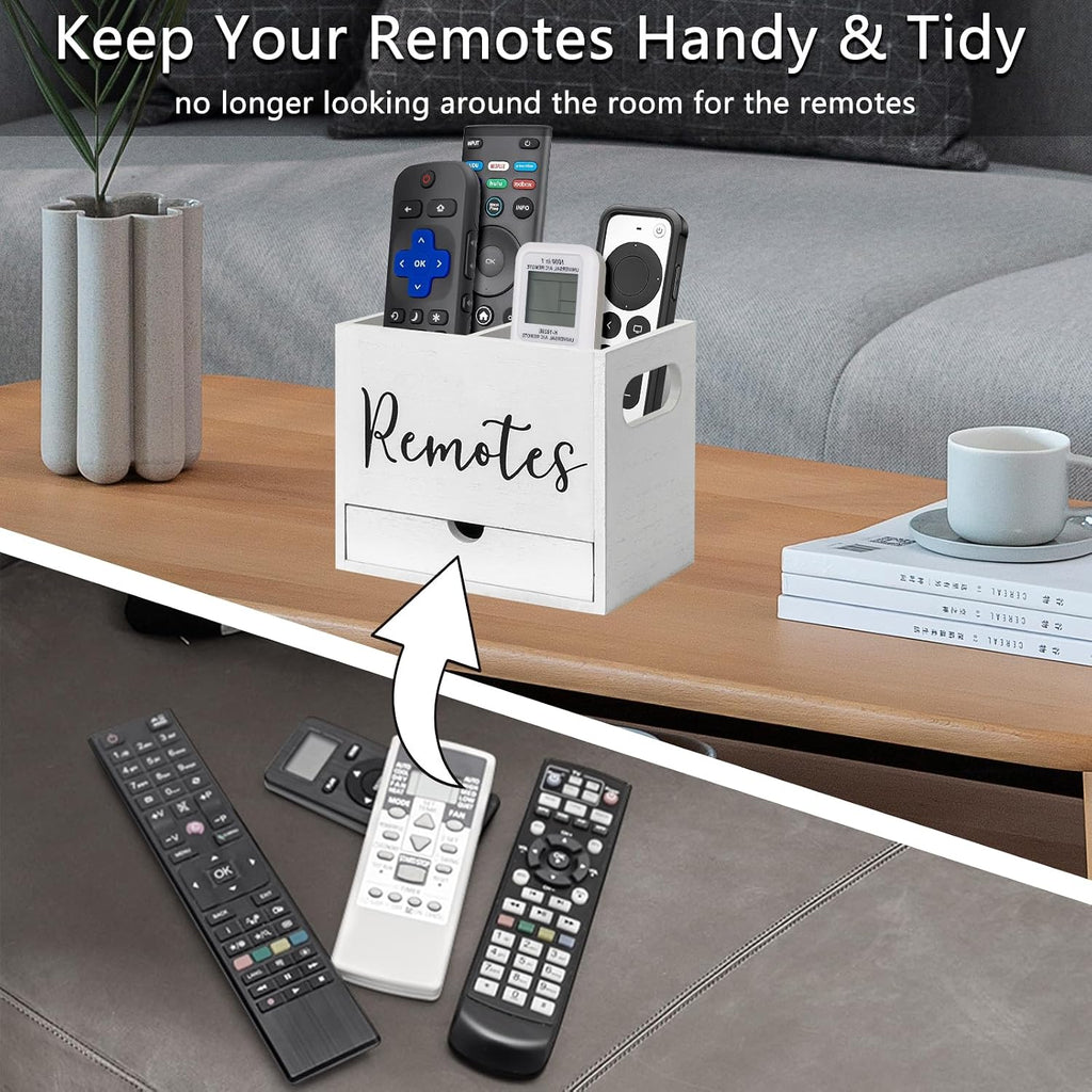 Remote Control Holder, 2 Slot TV Remote Holder& Desk Organizer with Drawers, Remote Organizer Caddy for Table, Wooden Remote Box for Nightstand,Media Storage Box for Living Room, Bed (White)