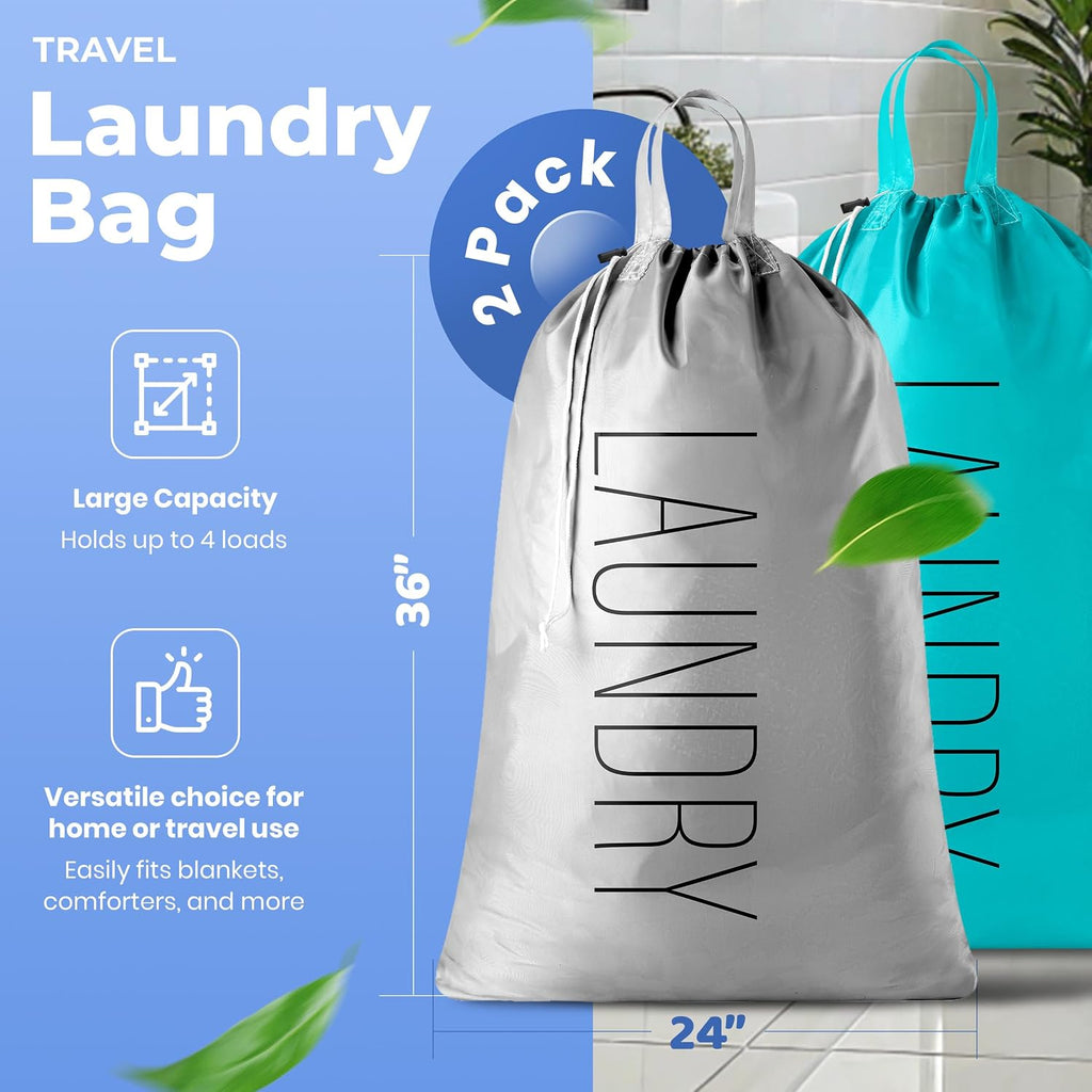 Handy Laundry Extra Large Travel Laundry Bags 2-Pack – 24 x 36 Inches Heavy Duty Water-Resistant Dirty Clothes Bags for Travel, Camping, Dorm, Family – Sturdy Drawstring Closure, Teal-Grey Print