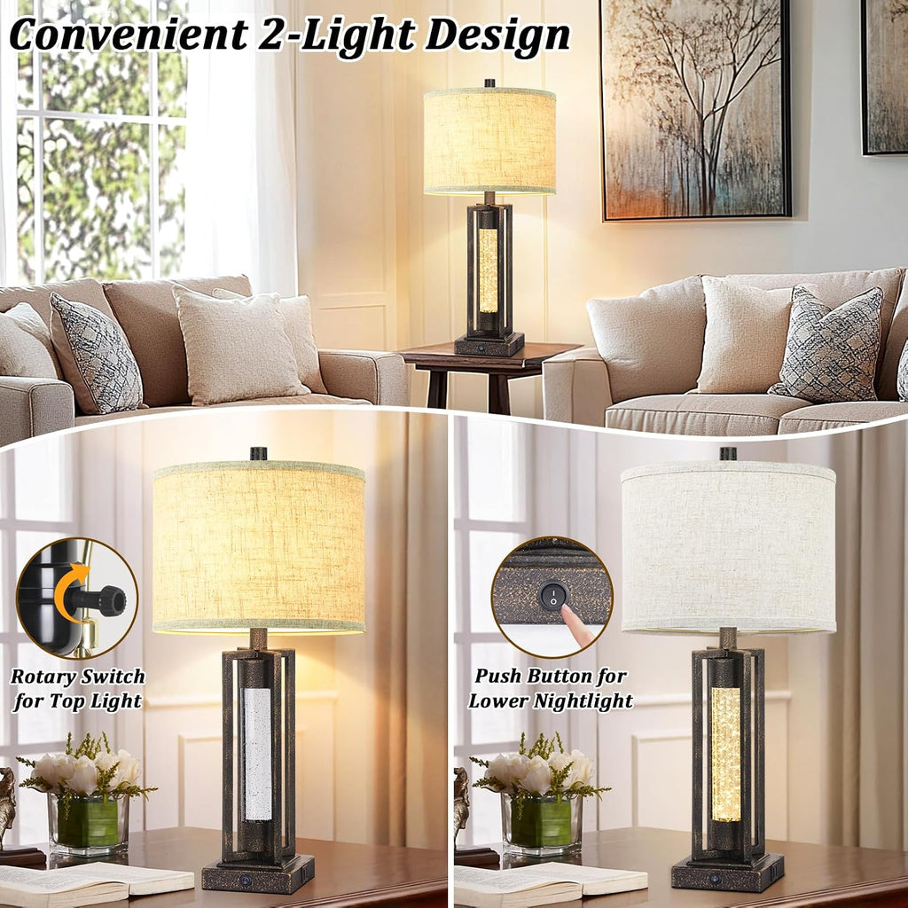 TOBUSA 26" Bronze Farmhouse Table Lamps Set of 2 with Crystal Night Light