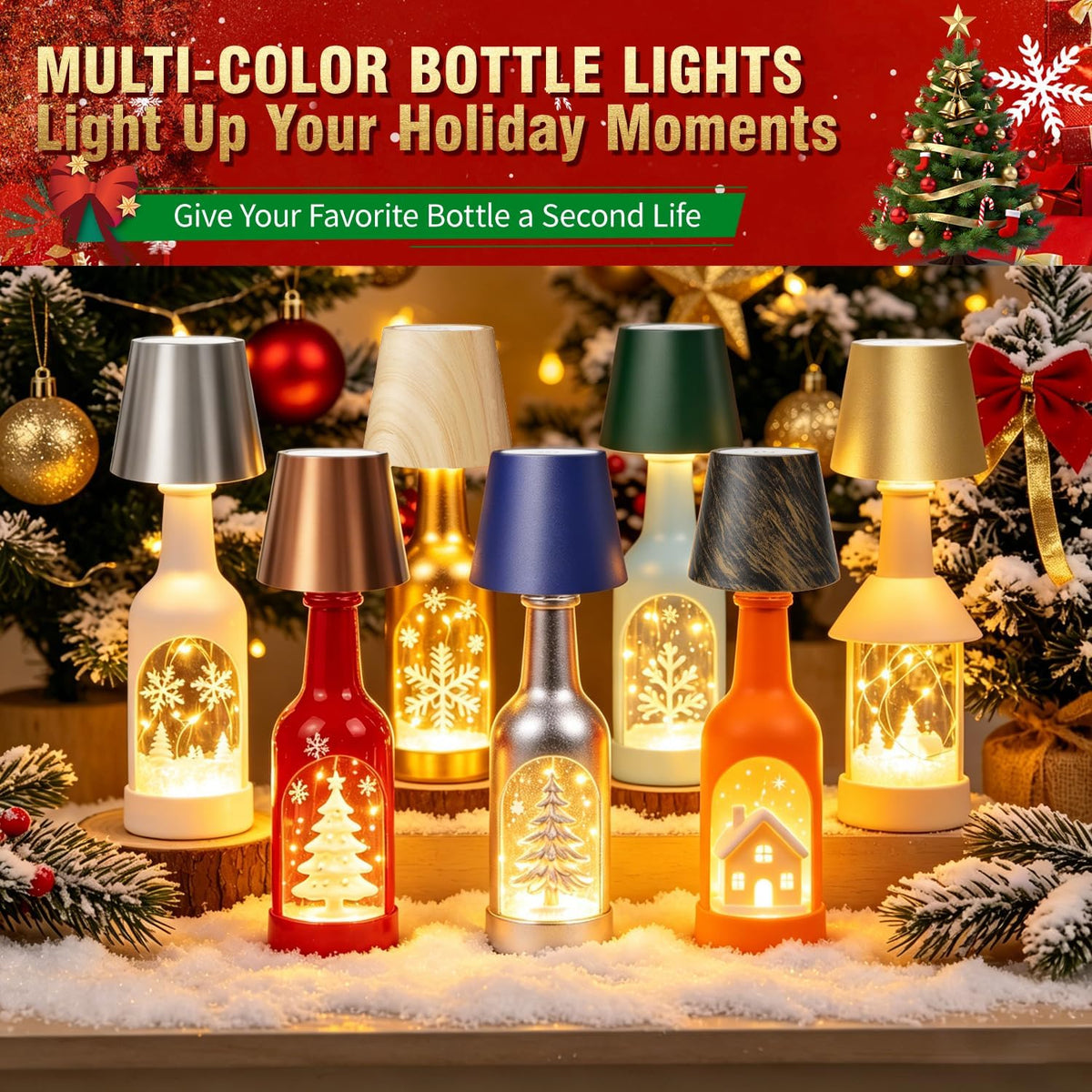 Wireless Bottle Lamp, Wireless Bottle Lamp Shade with 3 Color Temperature, Rechargeable Stepless Dimming LED Wine Bottle Lights for Any Bottle, Desk Lamp for Bedroom Restaurant Bar - Gold