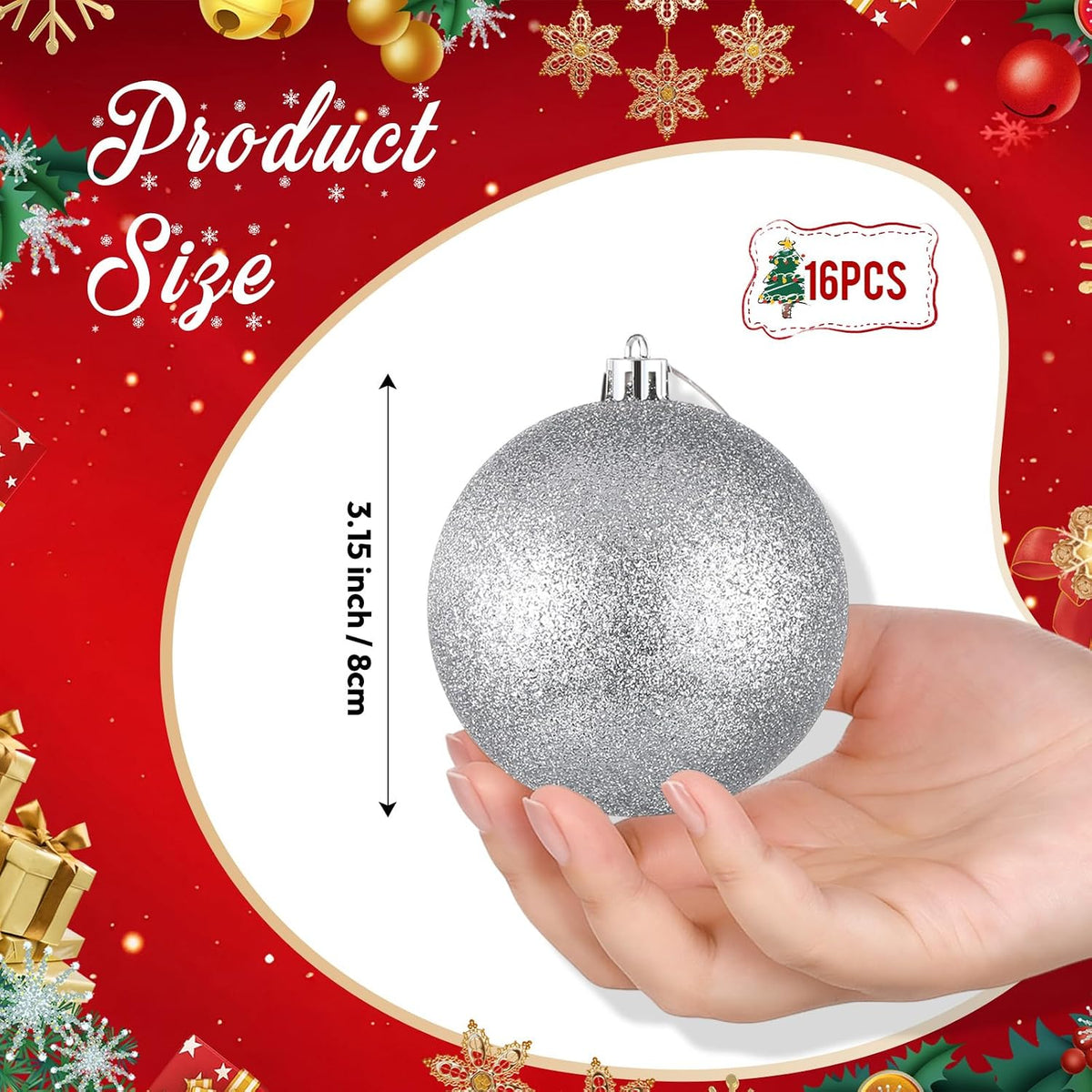 Leitee 16 Pcs 3.15 Inch Glitter Christmas Ball Ornaments, Silver