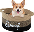 OIAHOMY 22L Large Dog Toy Basket, 16.5"x11.4"x9" Cotton Rope Basket with Cute Woof Embroidery, Soft Woven Pet Toy Box with Handles for Blankets, Leashes & Puppy Accessories, Yellow Black
