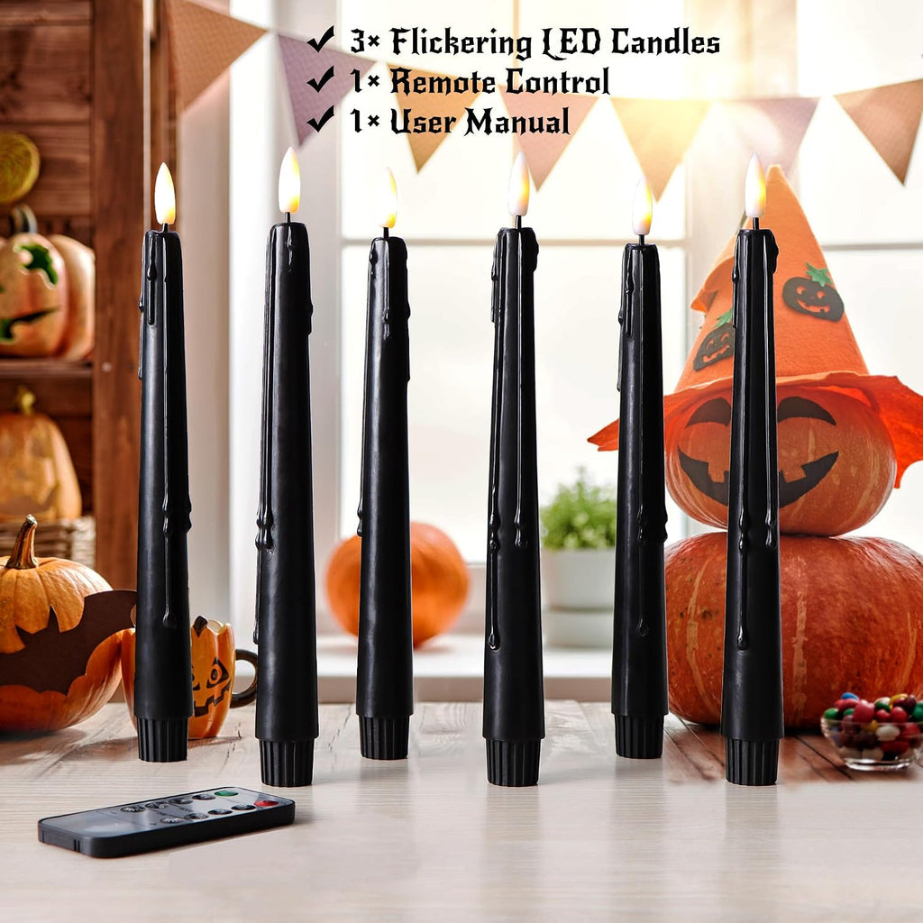 Stmarry Black Flameless Taper Candles with Remote and Timer - 9.65 Inch Real Wax LED Candlesticks - Wax Drip Battery Operated Halloween Taper Candles with 3D Flickering Flame Halloween Decor, 3 Pack