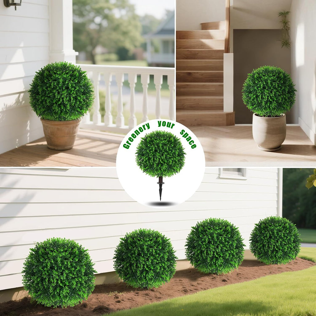 Yangrass 2 Pack Fake Green Eucalyptus Topiary Ball Trees with Ground Spike