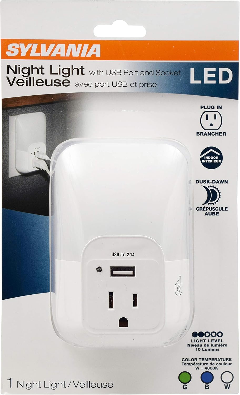 LEDVANCE Sylvania LED Night Light with USB Port and Socket, 3-Color Select, Frosted, 3000K, 5 Lumens, Cool White - 1 Pack (64991)