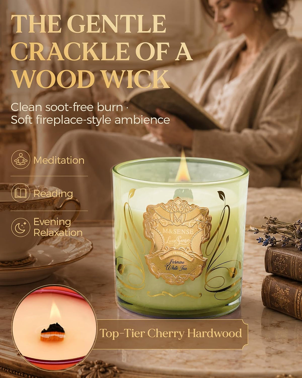 M&SENSE Jasmine White Tea Scented Crackling Wooden Wick Candle 13oz 75h