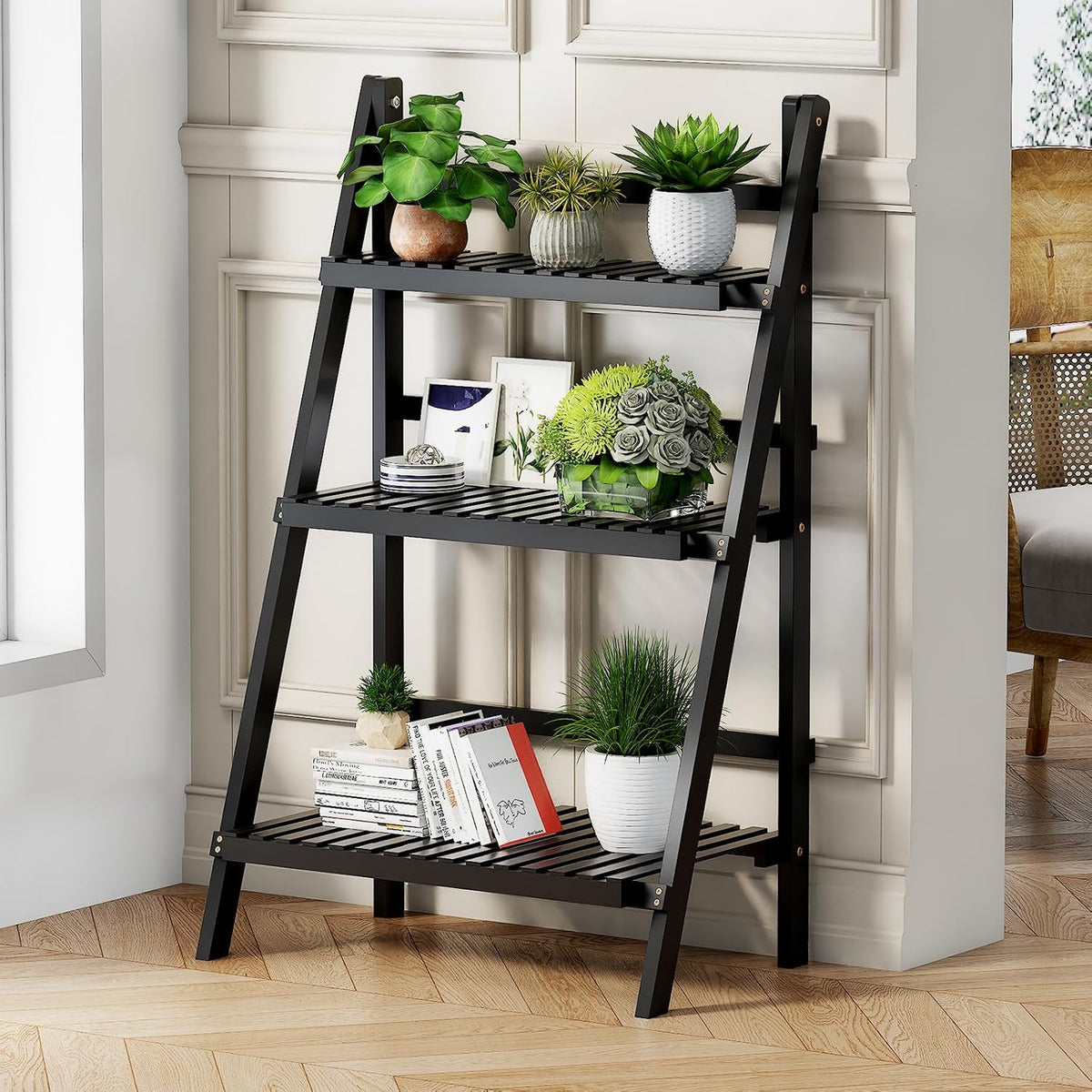 39.4" Foldable Ladder Shelf Plant Shelf, 3 Tier Bamboo Ladder Bookshelf